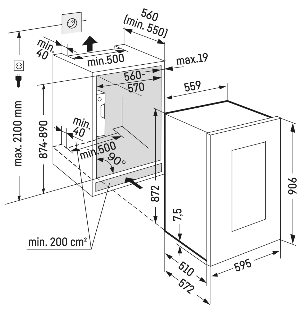 Hűtőszekrény diagramja méretekkel. Belső elrendezést és külső méreteket mutat mm-ben.