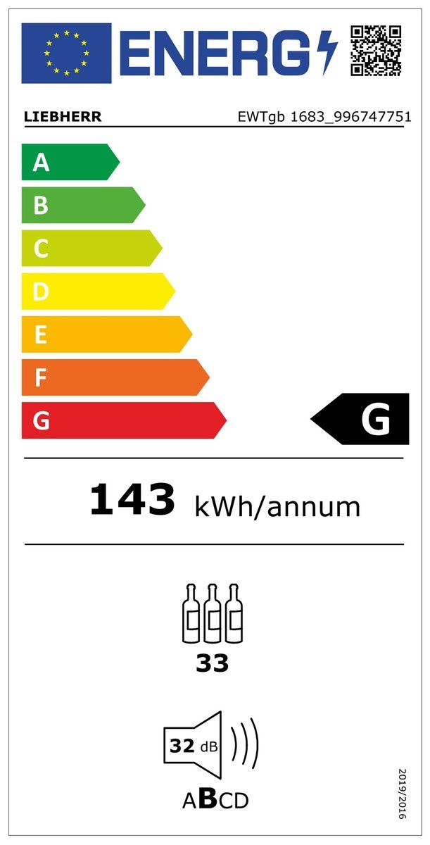 Energia cimke egy Liebherr hűtőszekrényhez, G besorolással, éves kWh fogyasztással.