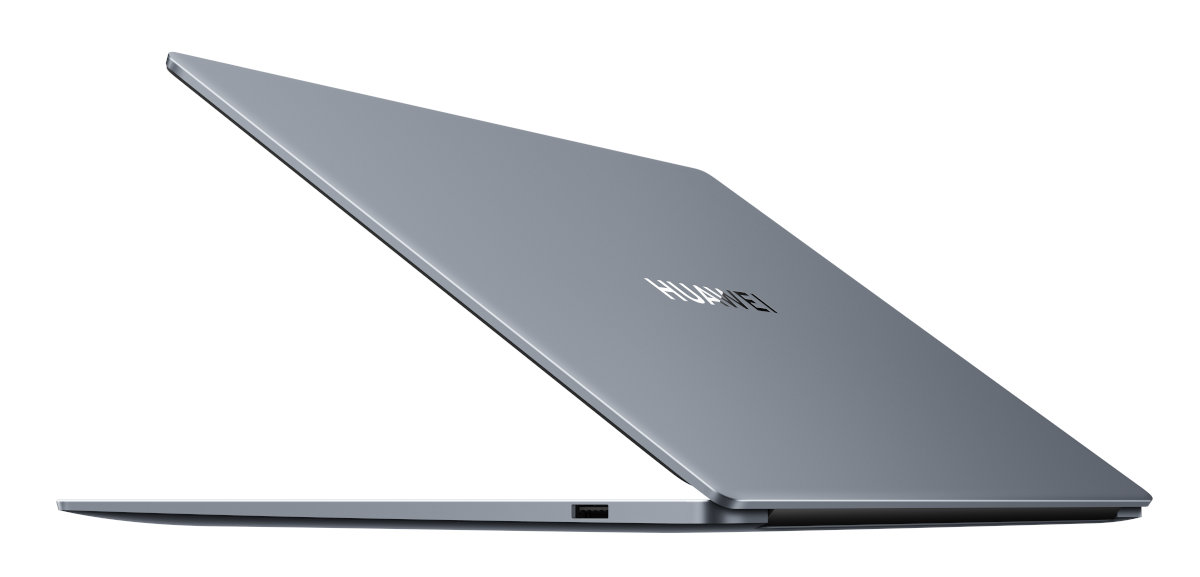 Szary laptop Huawei, widok z tyłu, lekko otwarty, na białym tle.