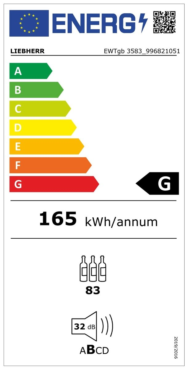 Energia címke Liebherr hűtőszekrényhez, energiahatékonysági besorolással.