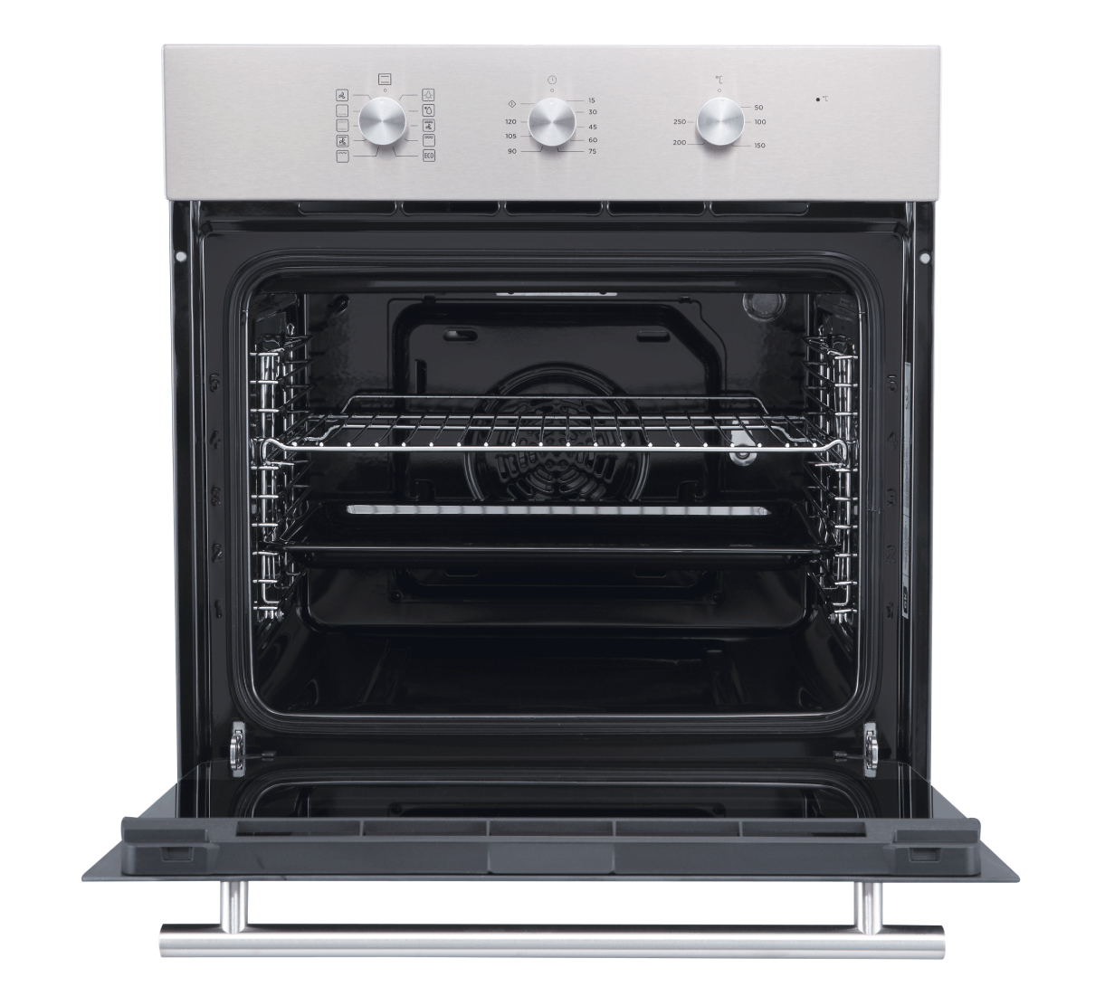 Un horno abierto con panel superior de acero inoxidable. Dentro, estantes y luz.