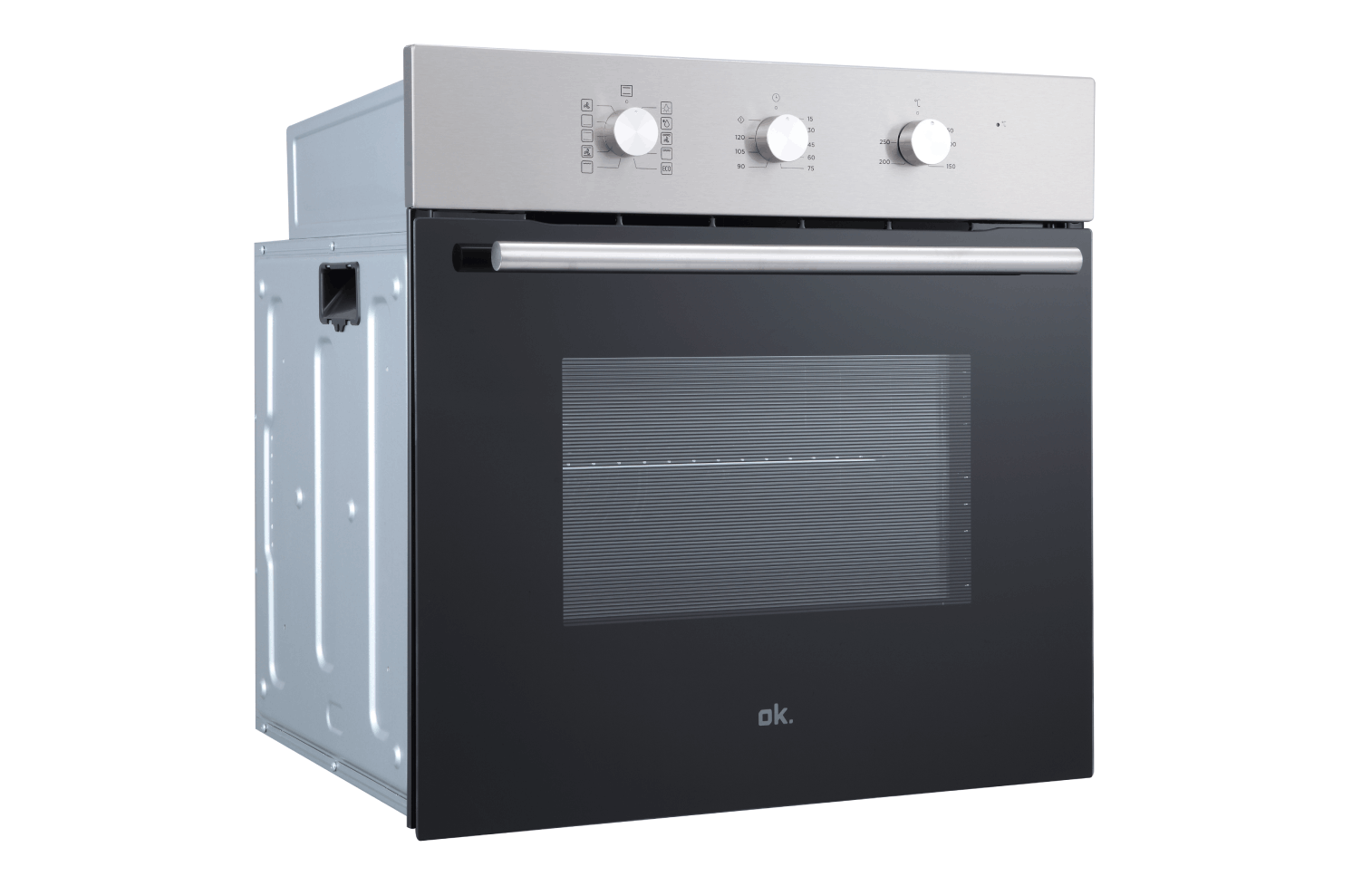 Horno plateado y negro con puerta de vidrio. Perillas de control y pantalla arriba.