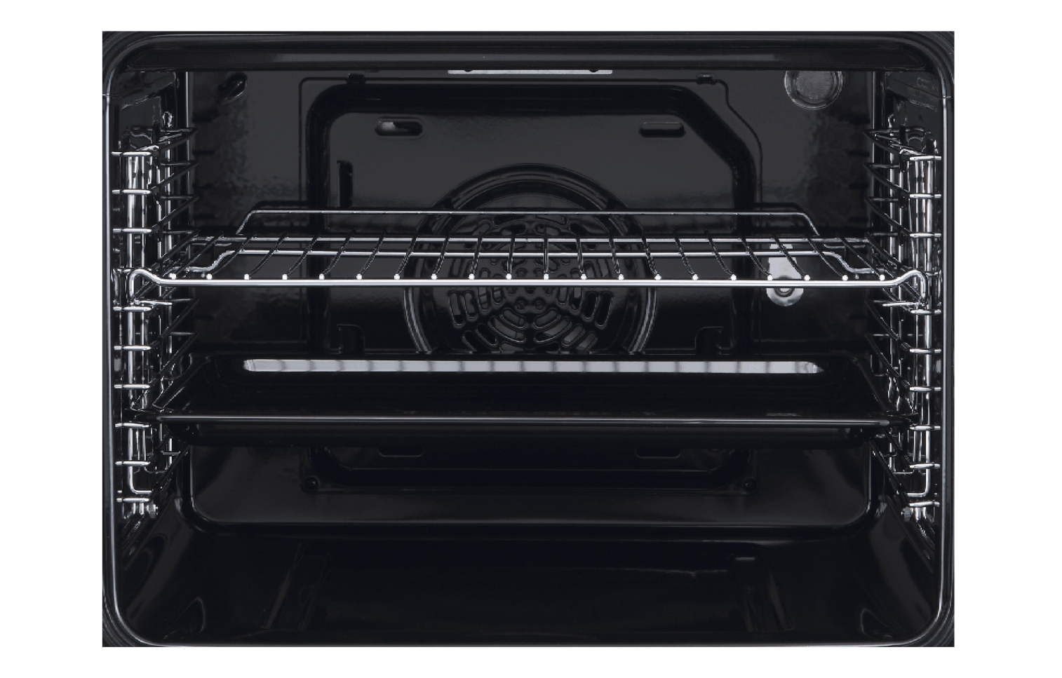 Interior del horno con rejillas y ventilador. Interior negro.