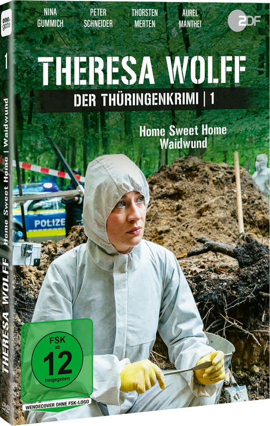 DVD-Cover mit Frau im weißen Anzug, Text und Polizeiauto.