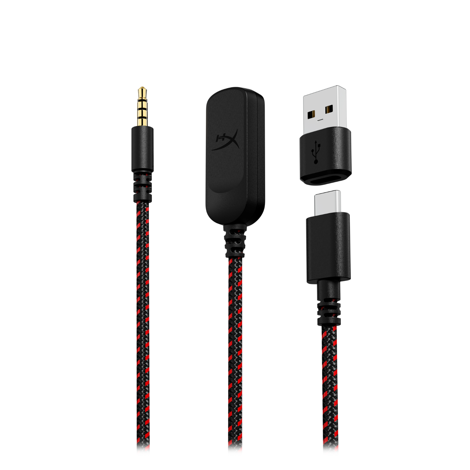 Headsetkabel met 3,5 mm jack, een bedieningskastje en een USB- en USB-C-adapter.