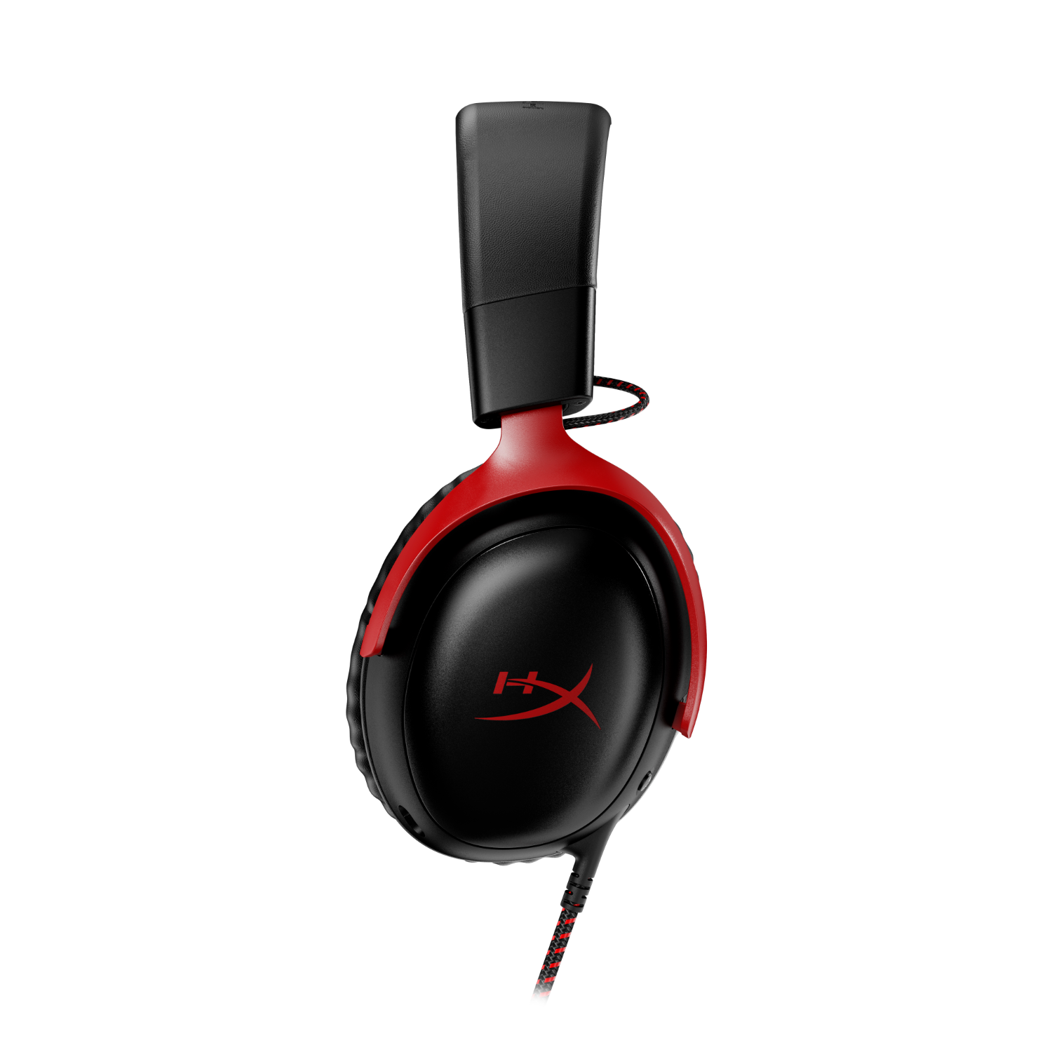 Rode en zwarte HyperX gaming headset, hangend op een witte achtergrond. Logo zichtbaar.