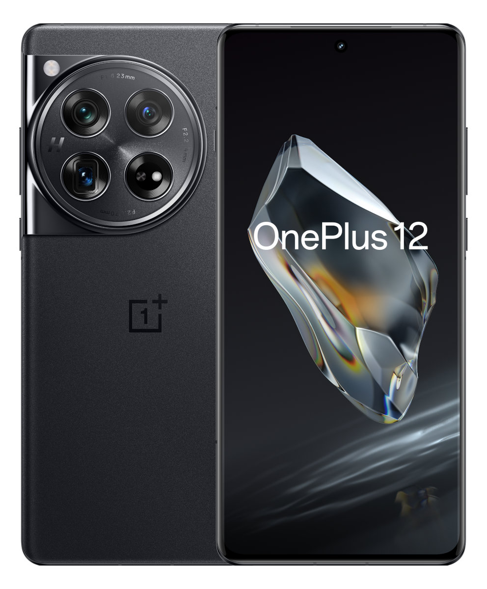 Czarny telefon OnePlus 12 z zestawem kamer i ekranem z napisem 'OnePlus 12'.