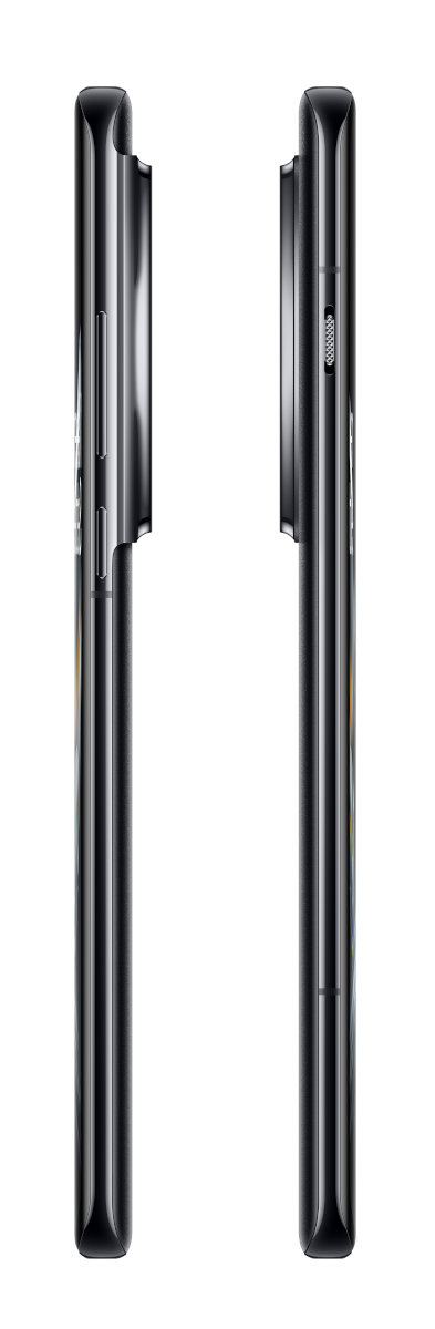 Dwa czarne smartfony obok siebie na białym tle.