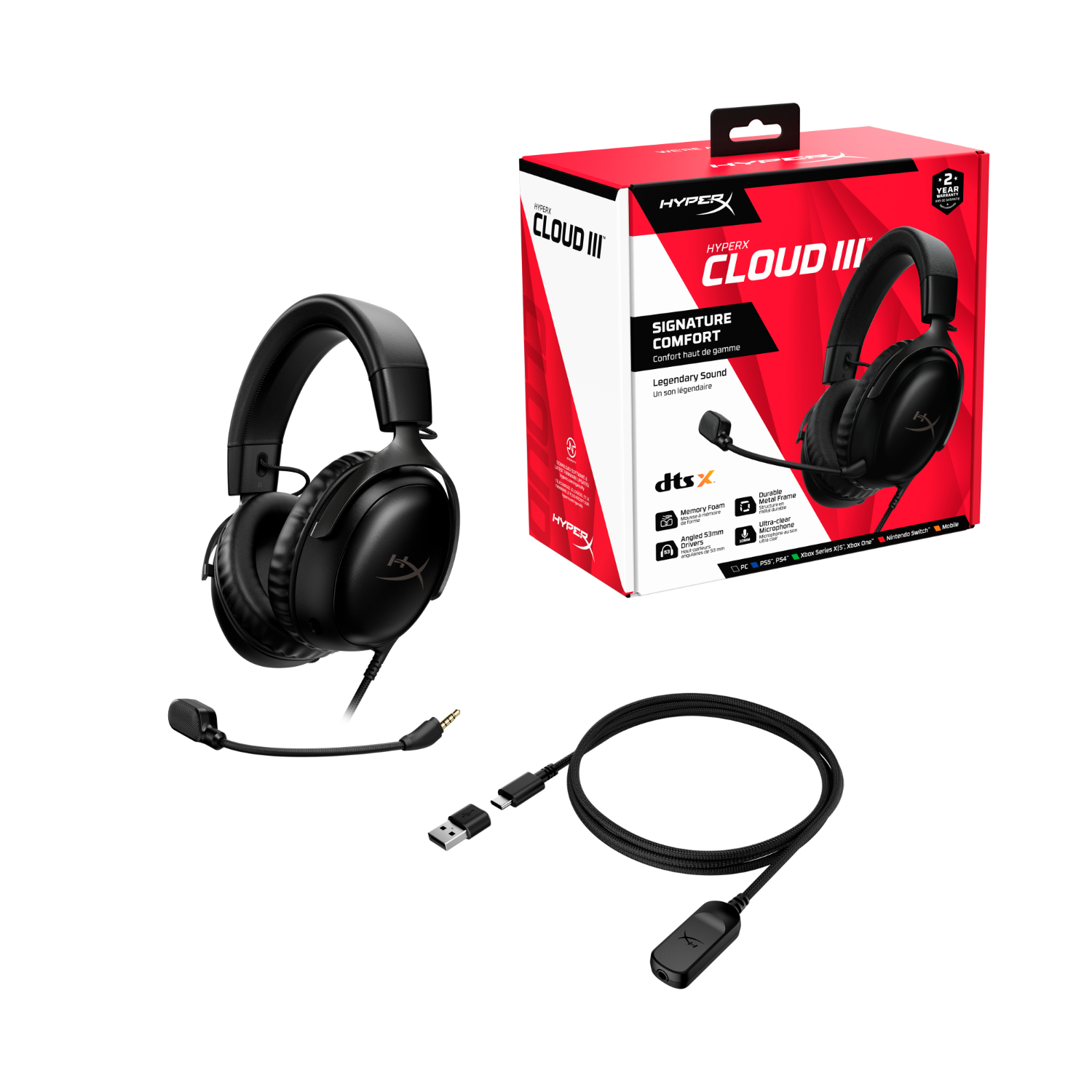 Zwarte gamingheadset, doos en accessoires op een witte achtergrond.