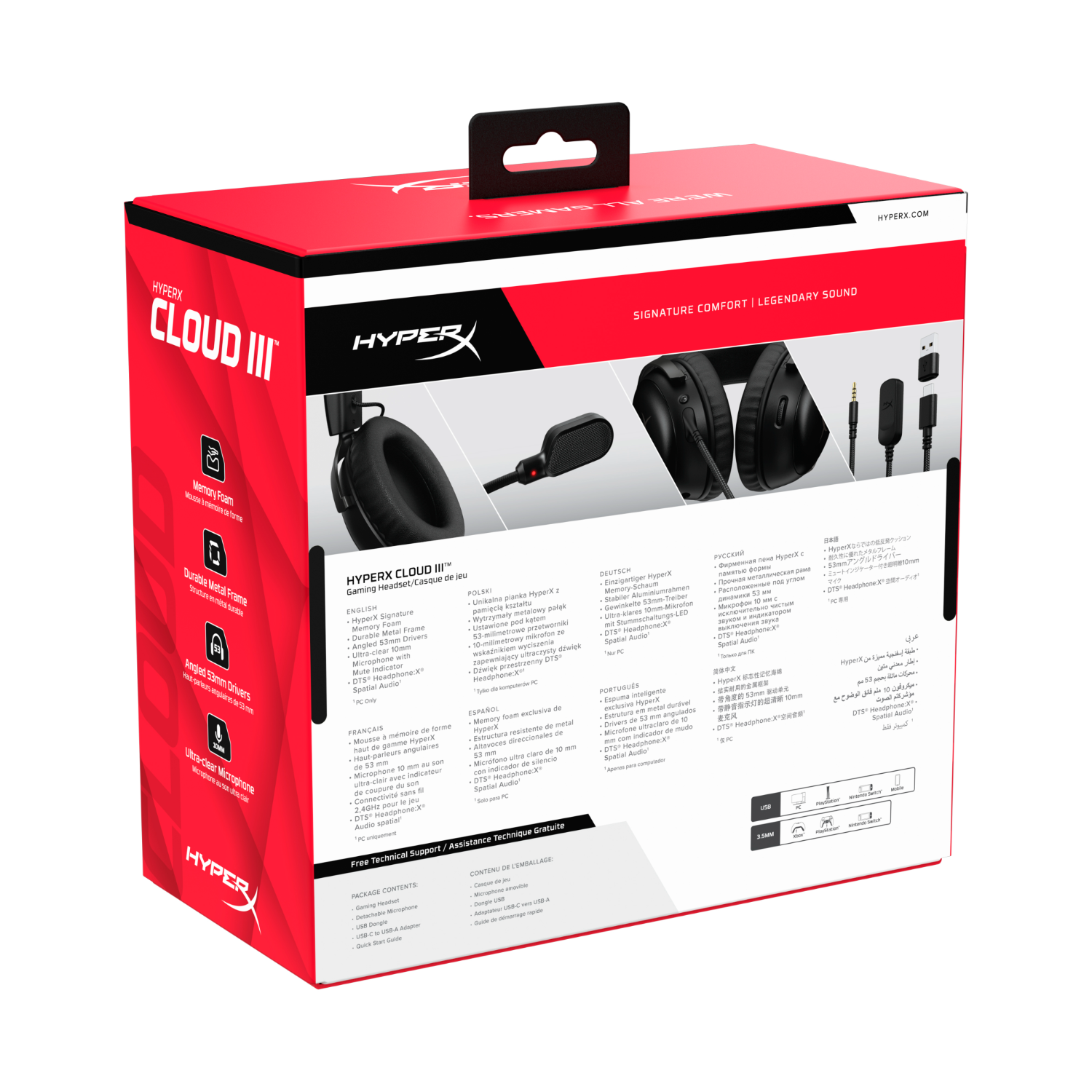 Een doos van HyperX Cloud III gaming headset, met diverse functies weergegeven op de verpakking.