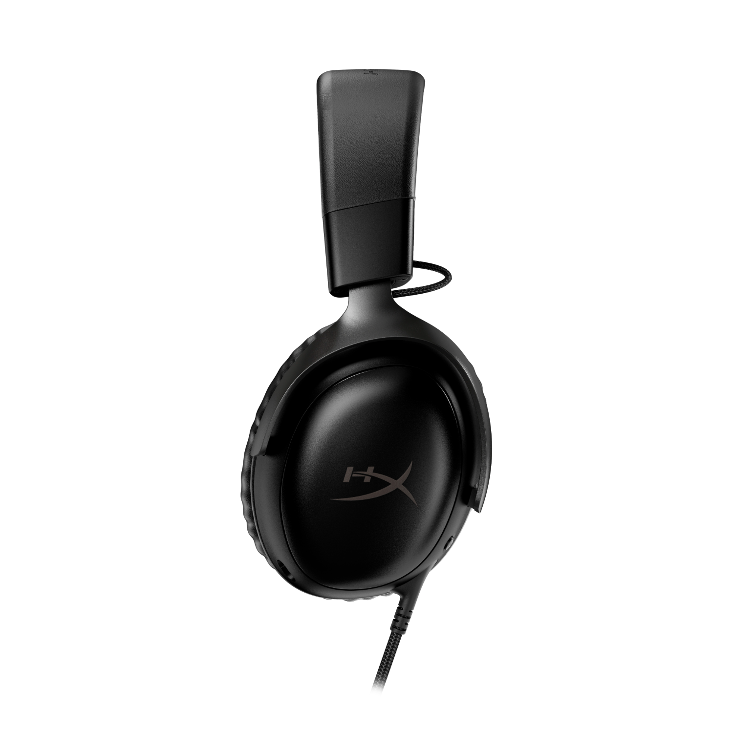 Zwarte headset met HyperX-logo op witte achtergrond.