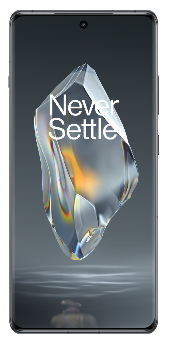 Telefon OnePlus z kryształowym wzorem na ekranie. Tekst: Never Settle.