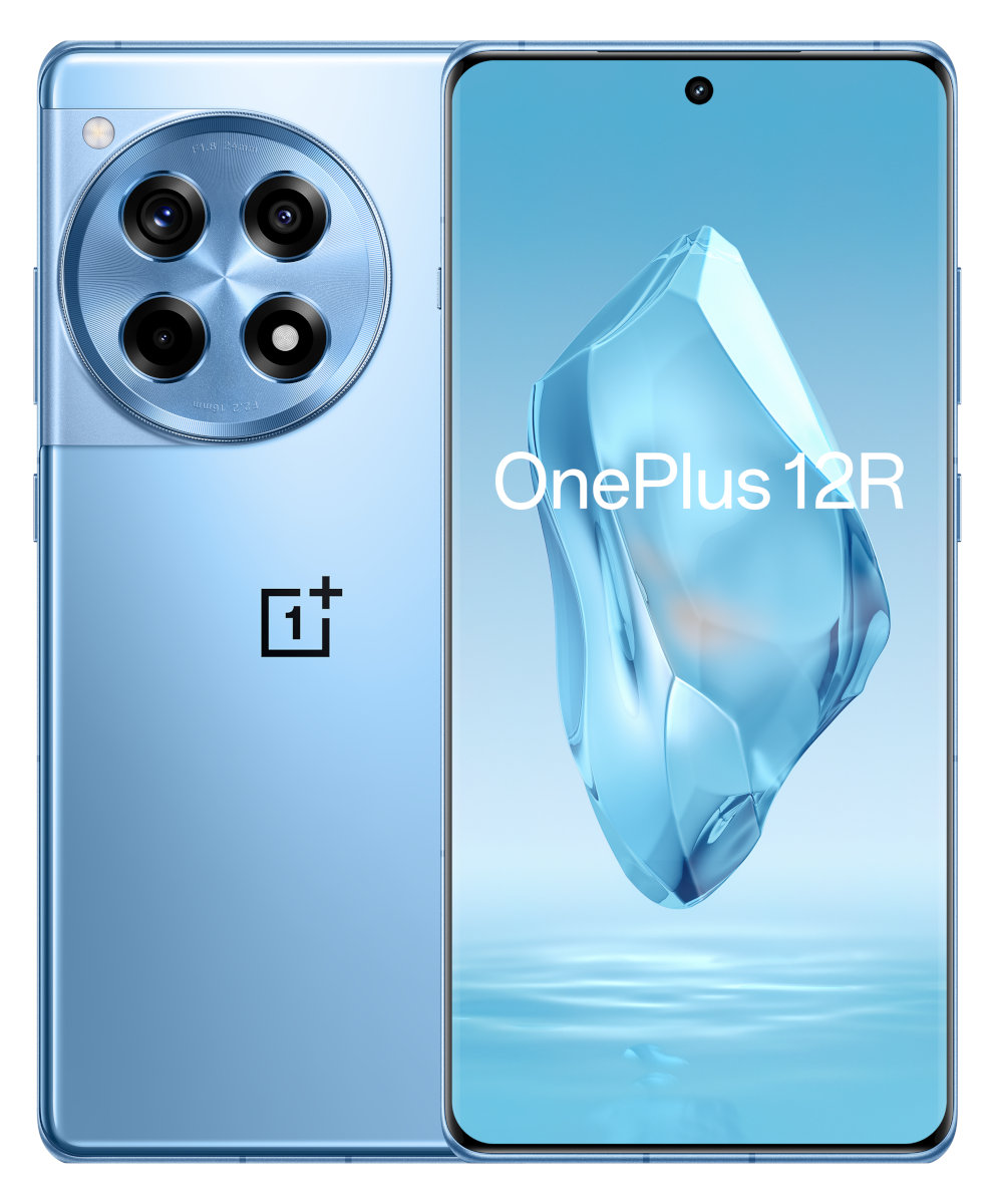 Telefon OnePlus 12R. Niebieski tył z układem kamery i ekranem z tekstem. Logo OnePlus z tyłu.