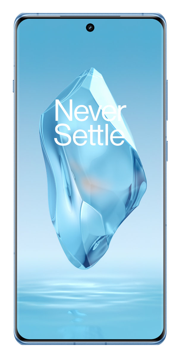 Niebieski smartfon z dużym ekranem. Ekran pokazuje niebieski kształt.