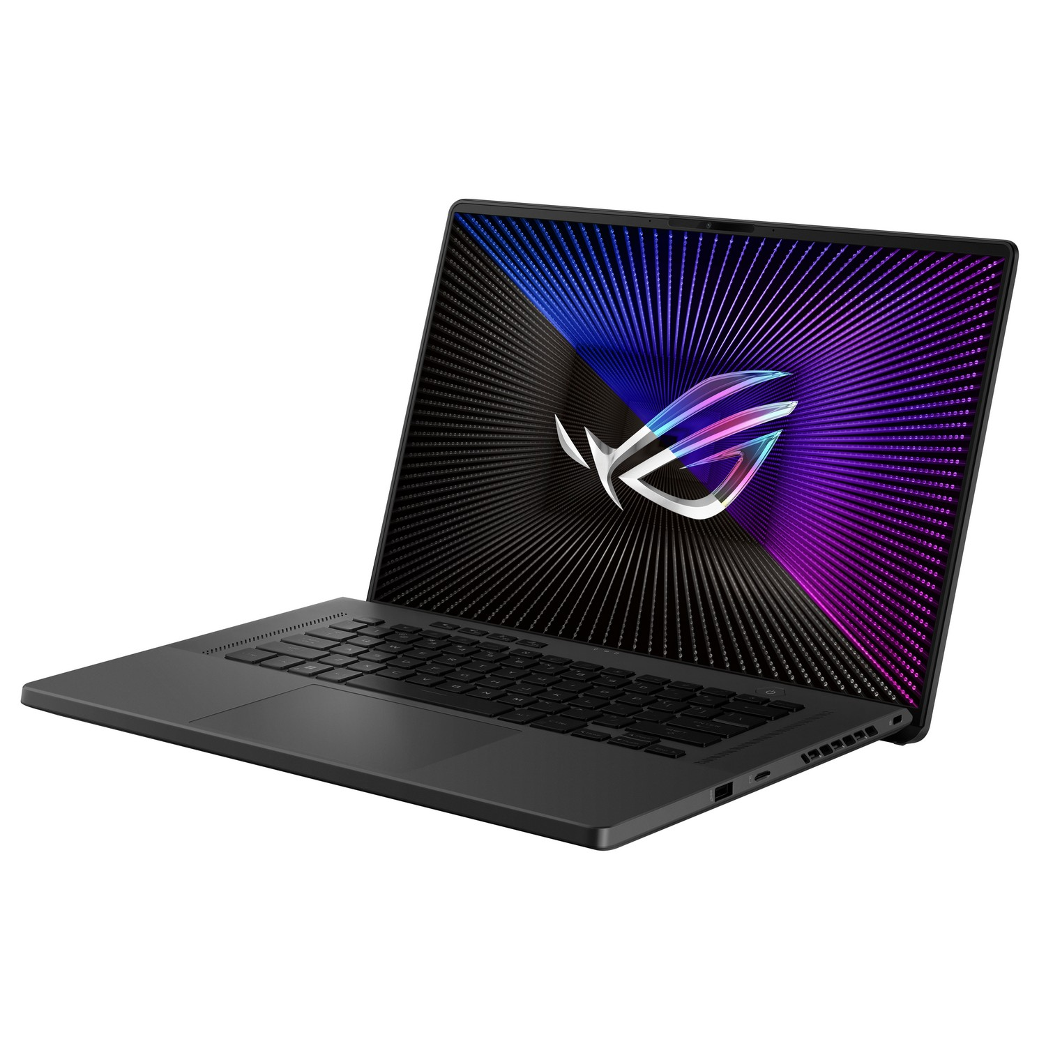 Zwarte ROG-laptop, open, met scherm en toetsenbord.