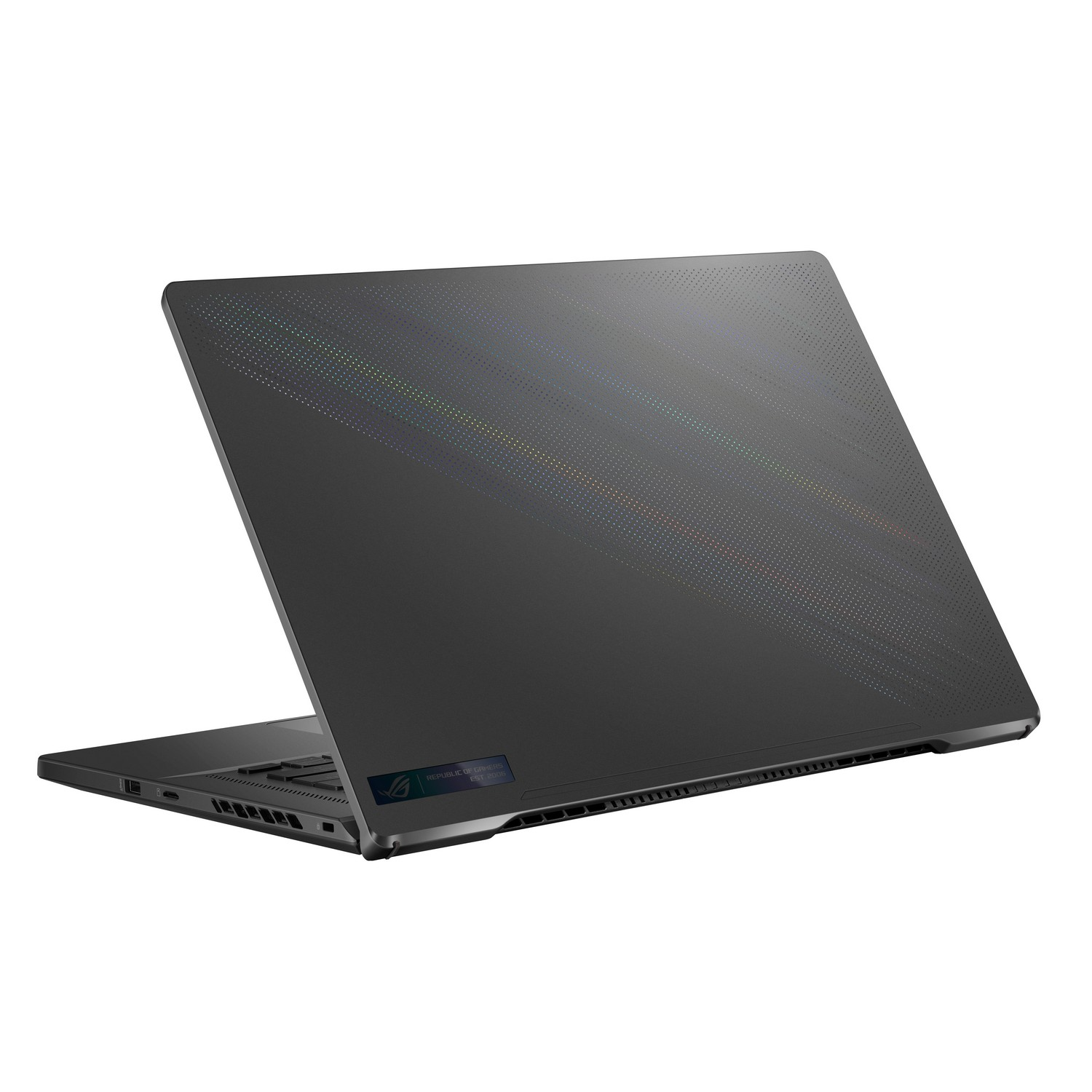 Achteraanzicht van een zwarte laptop met een uniek patroon op het deksel.