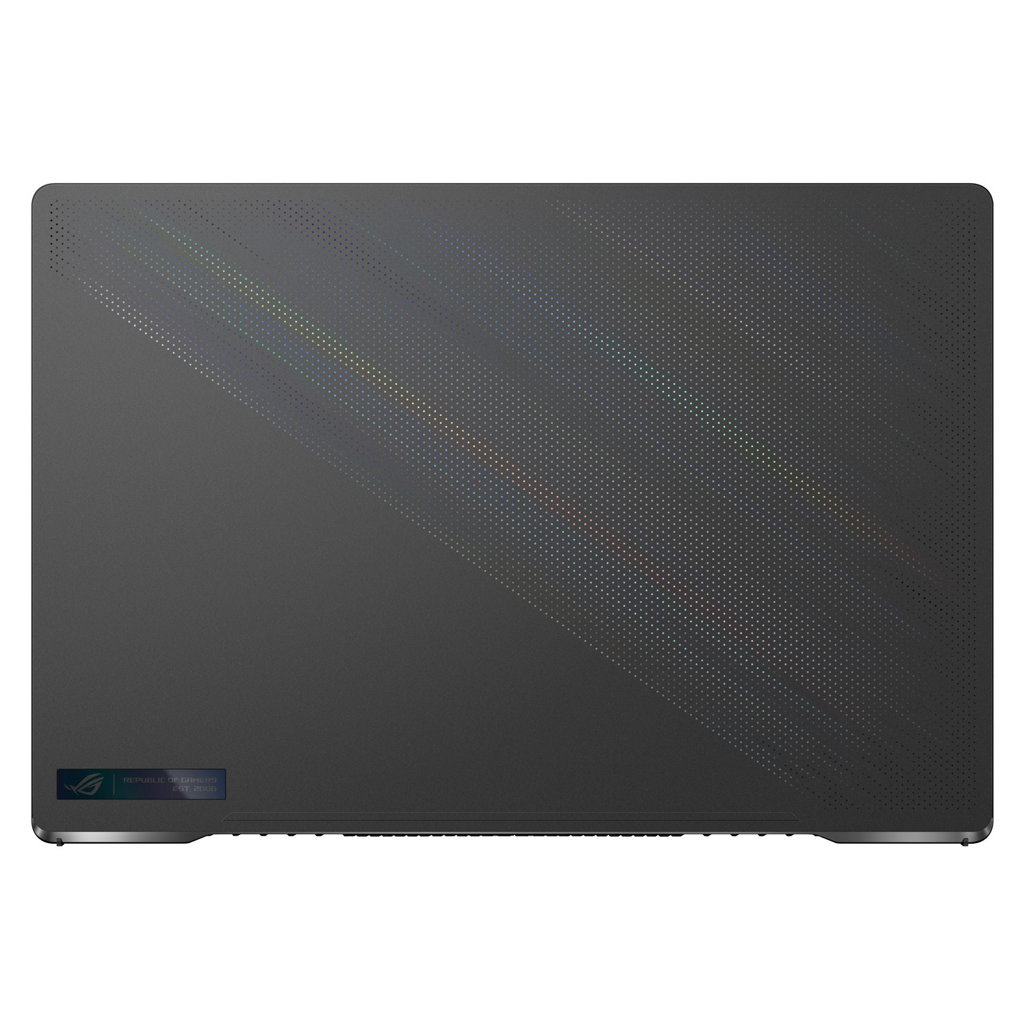 Donkergrijze laptop, achteraanzicht. Het heeft kleine gaatjes in een diagonaal patroon en een logo linksonder.