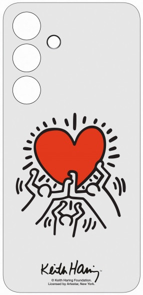 Etui na telefon z grafiką serca Keitha Haringa. Czerwone serce trzymane przez ludziki, białe tło, czarne kontury.