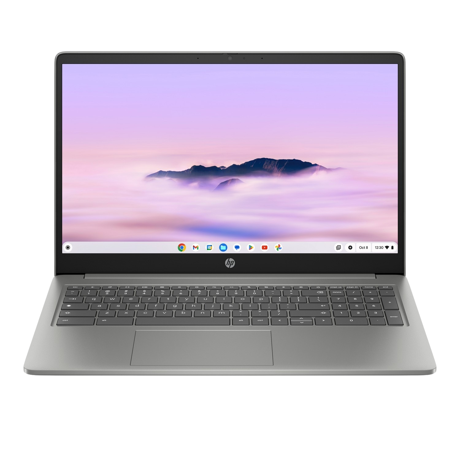 Laptop met een lichtgroene behuizing, open op een zwart oppervlak. Het scherm toont een afbeelding van een paarse en witte lucht.