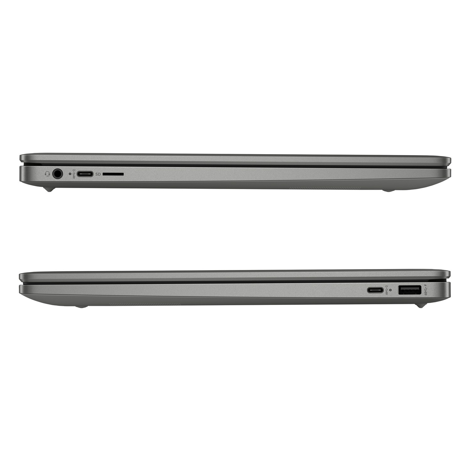 Zijaanzichten van een grijze laptop, met poorten en ontwerpdetails.