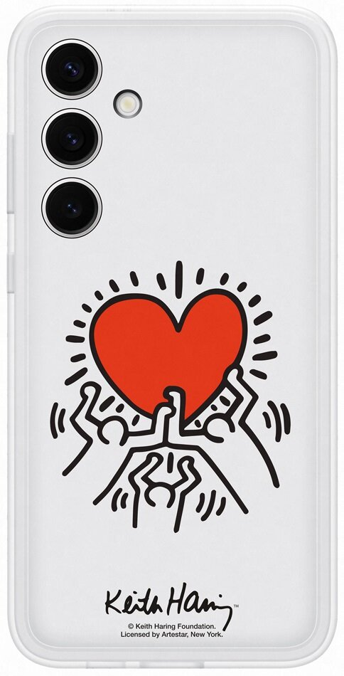 Etui na telefon z czerwonym sercem i postaciami trzymającymi je, projekt Keith Haring, białe tło.