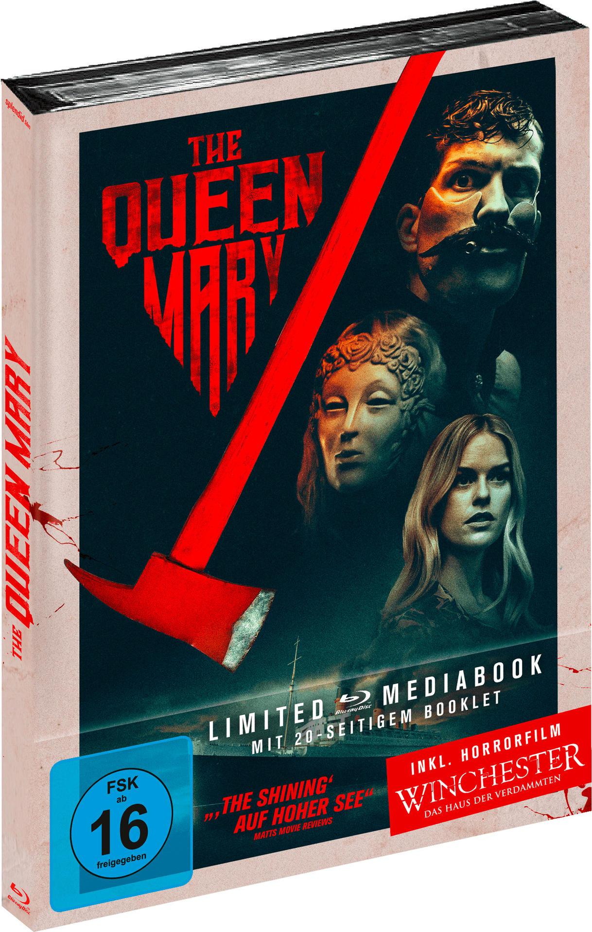 Medienbuch-Cover für den Film 'The Queen Mary'. Mit roter Axt und Gesichtern.