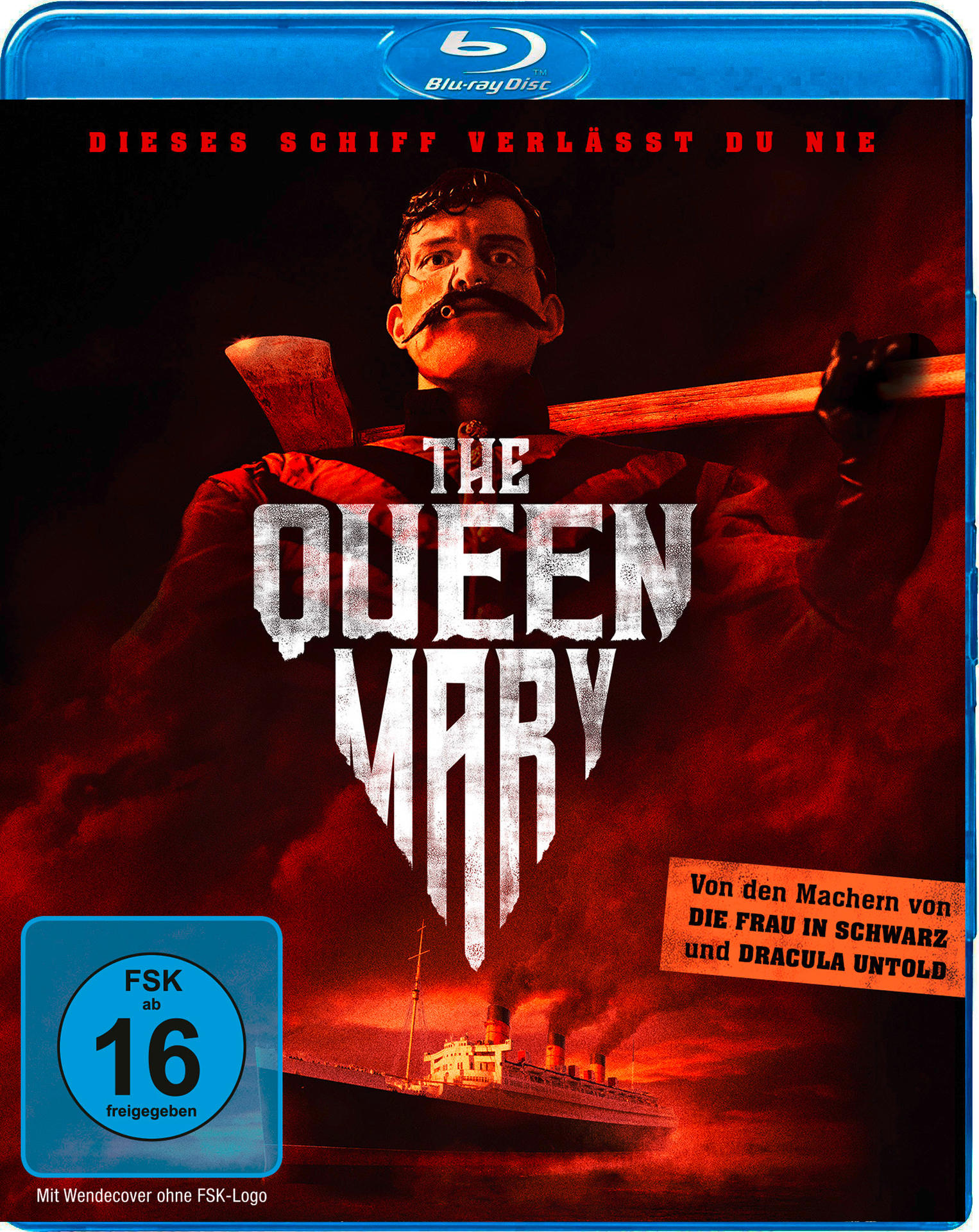 Blu-ray-Disc-Cover für den Film „The Queen Mary“ mit einem Mann, der eine Axt hält.