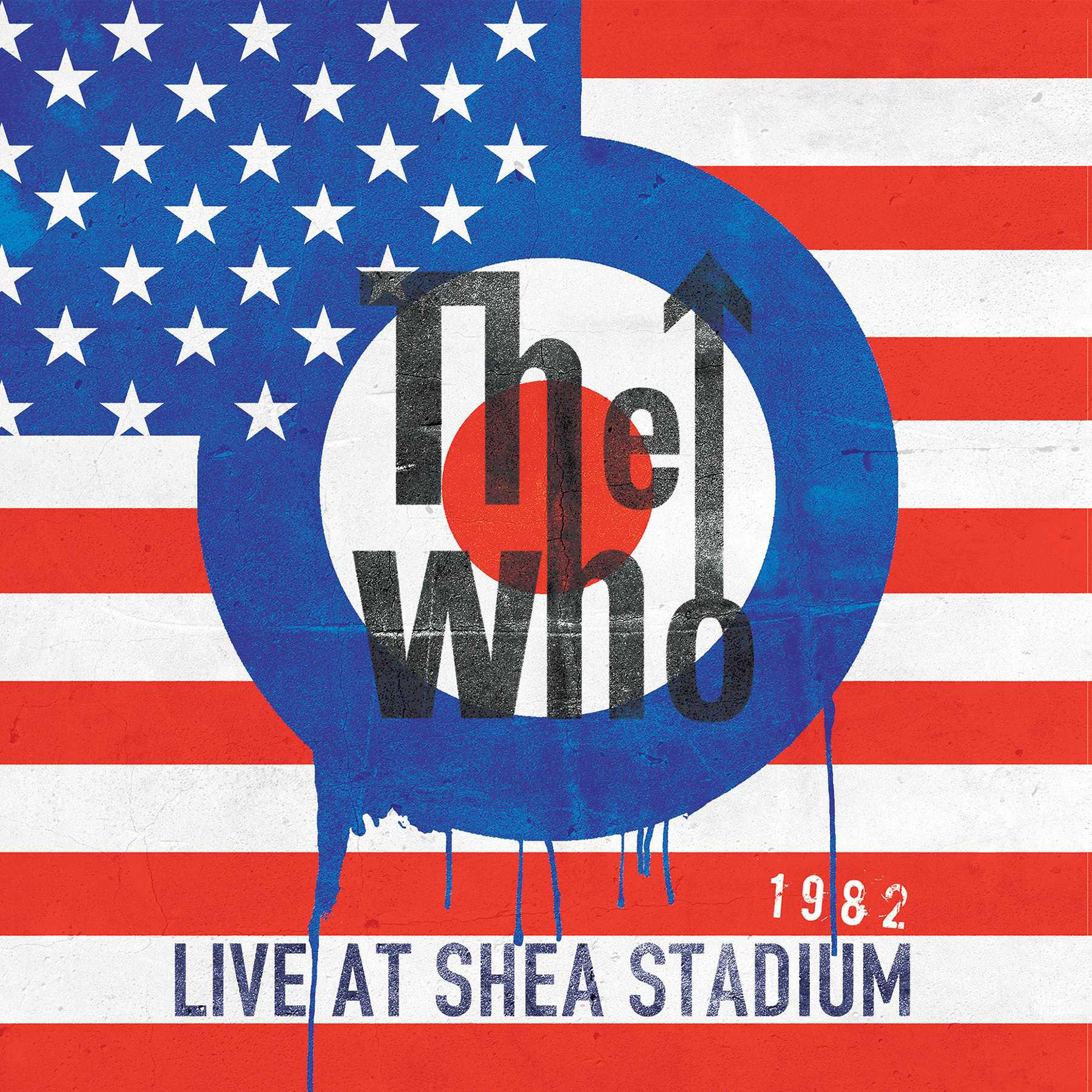 Albumcover mit blauem Target-Logo auf US-Flaggen-Hintergrund. The Who, 1982, Live at Shea Stadium.