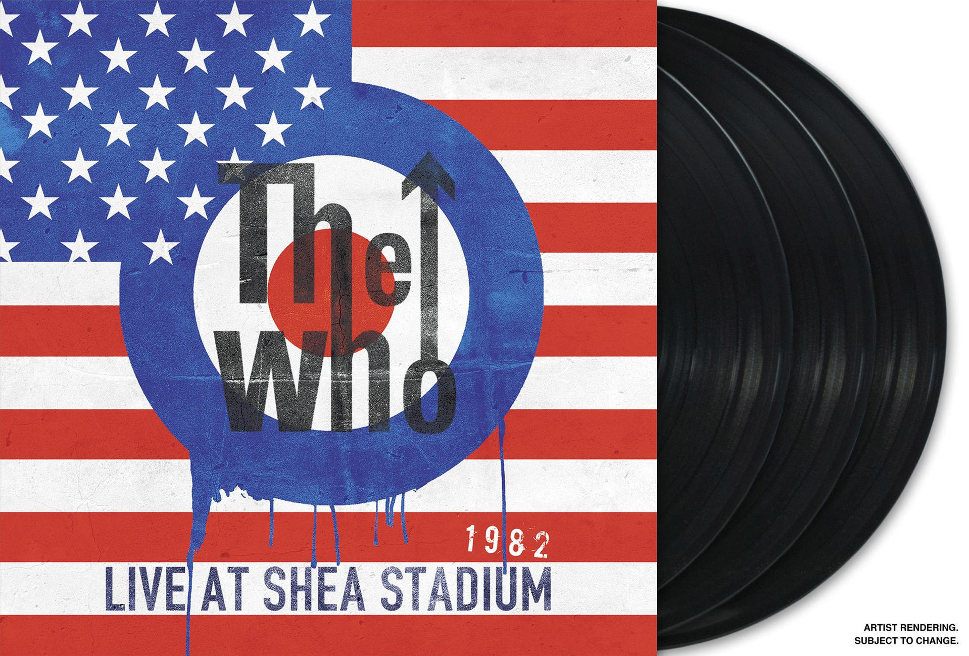 Vinyl-Cover, The Who 'Live at Shea Stadium' 1982. Amerikanische Flagge, weiße Schrift.