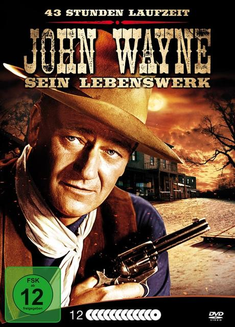 John Wayne Filmplakat. Der Schauspieler, in einem Cowboyhut, hält eine Waffe, mit Western-Kulisse.