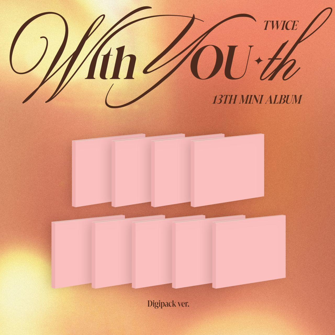 Albumcover met roze digipacks. Tekst: With Youth, 13e Mini Album.