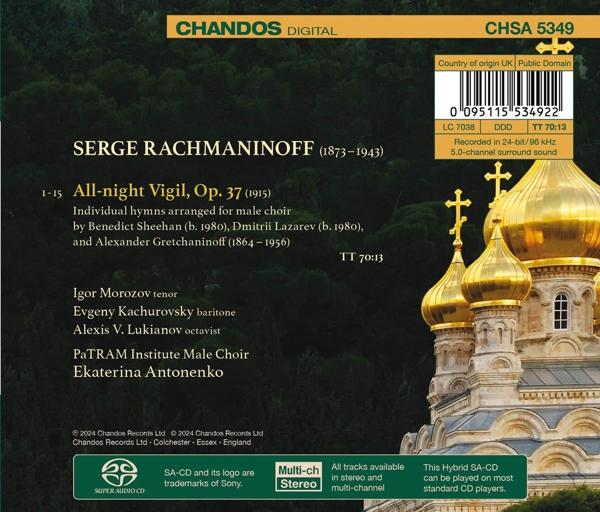 CD-Cover mit goldglänzenden Kuppeln einer Kirche, Text über Serge Rachmaninoff und sein Werk.