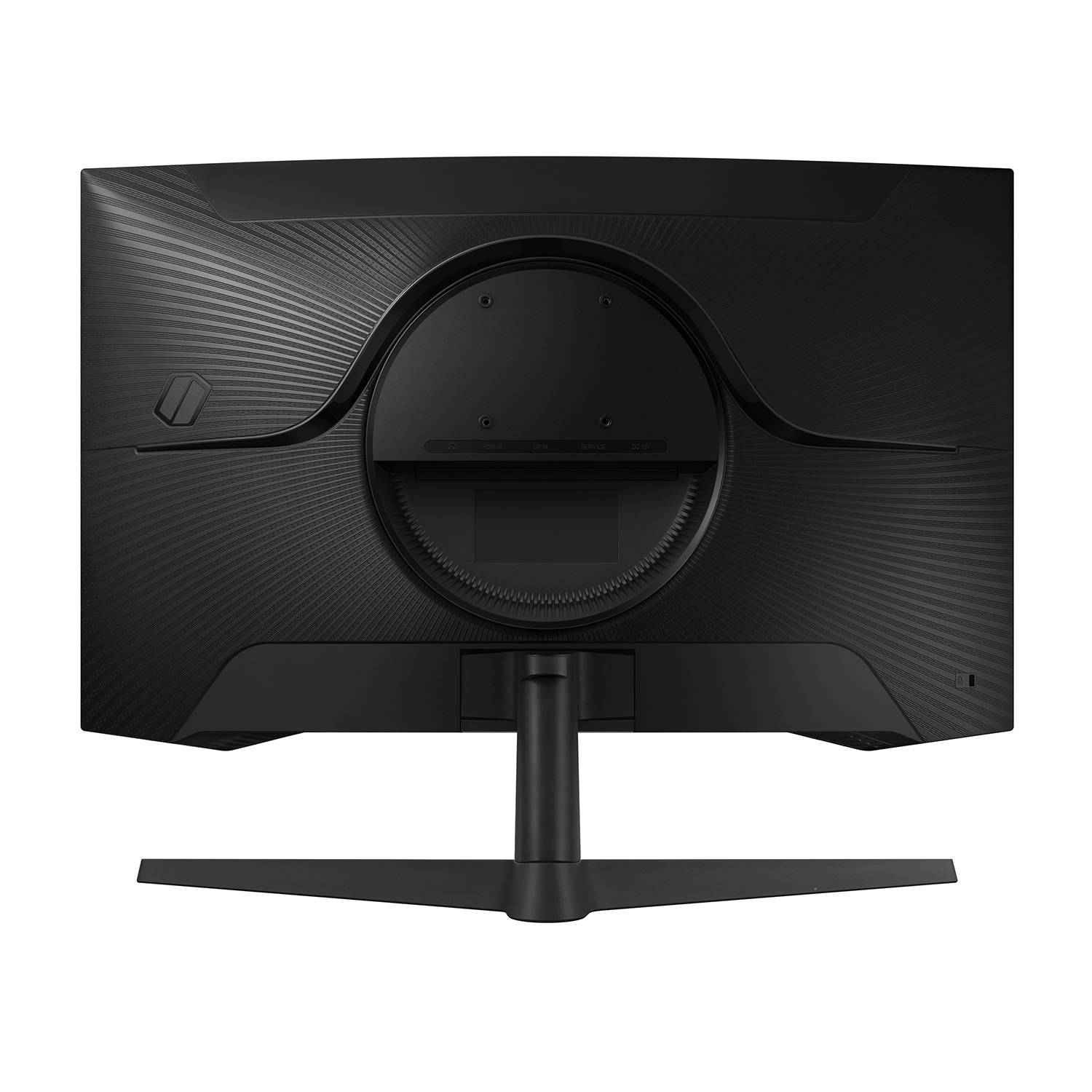 Retro di un monitor nero con supporto. Porte e cerchio centrale.