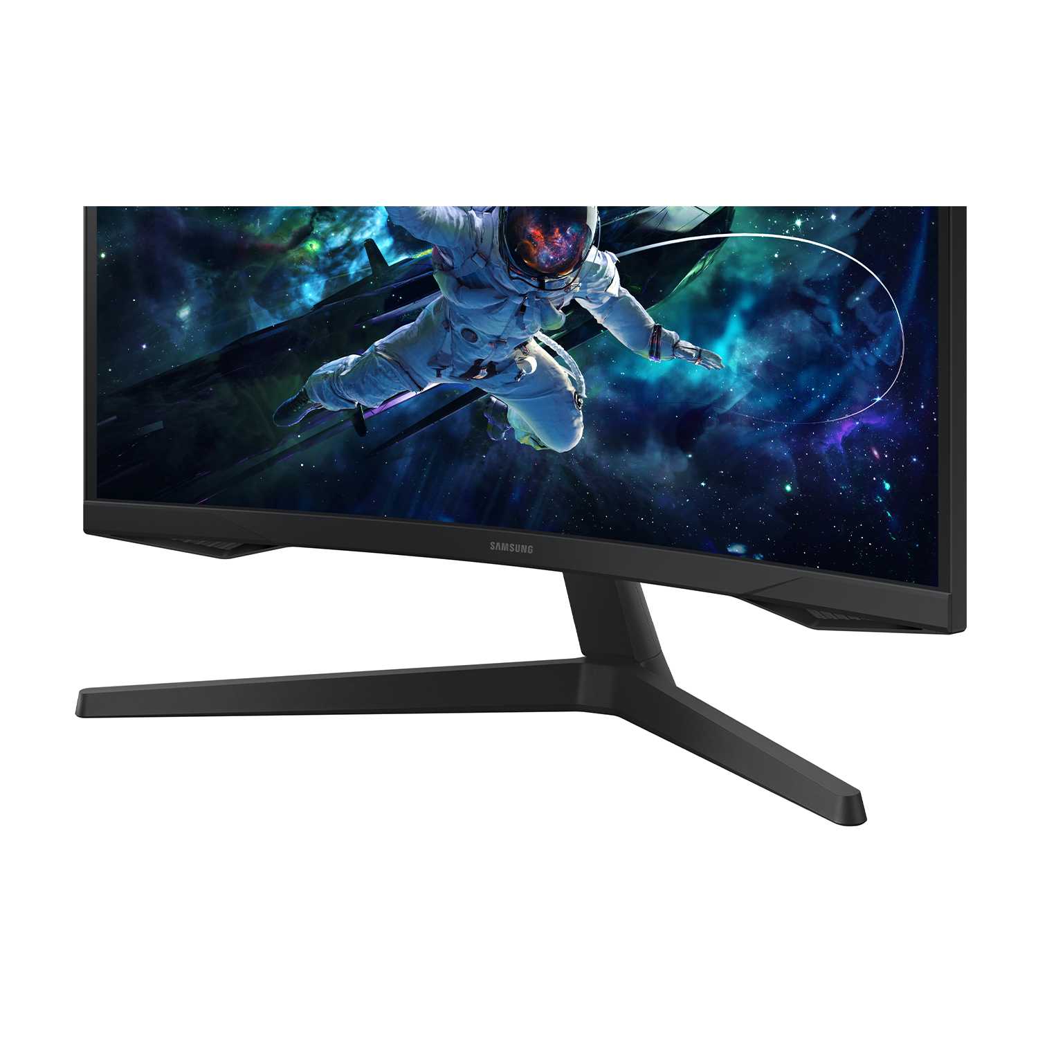 Monitor del computer che mostra una scena spaziale con astronauta. Monitor nero, inclinato su sfondo bianco.