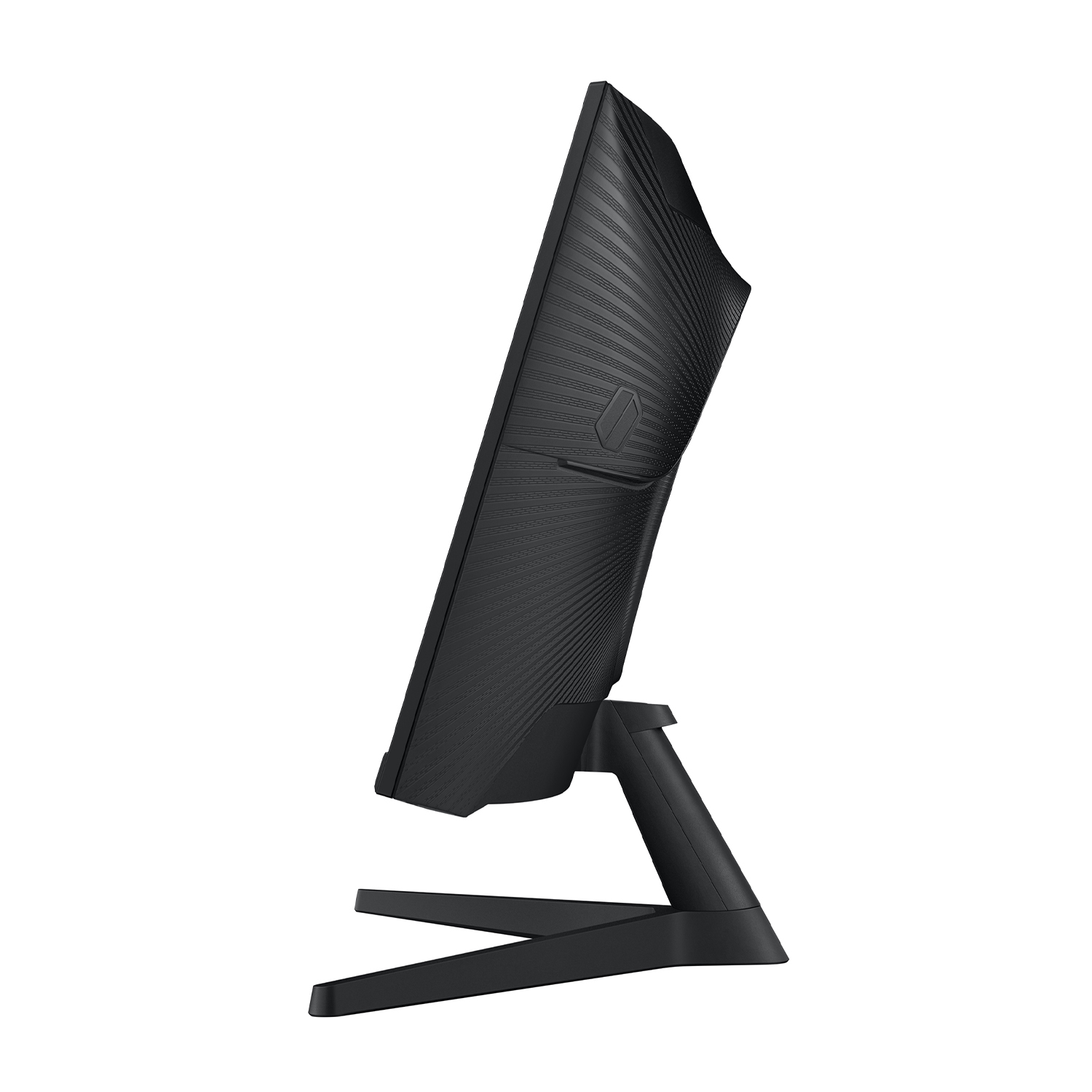 Monitor curvo nero di lato. Il monitor ha un supporto e un pannello posteriore strutturato.