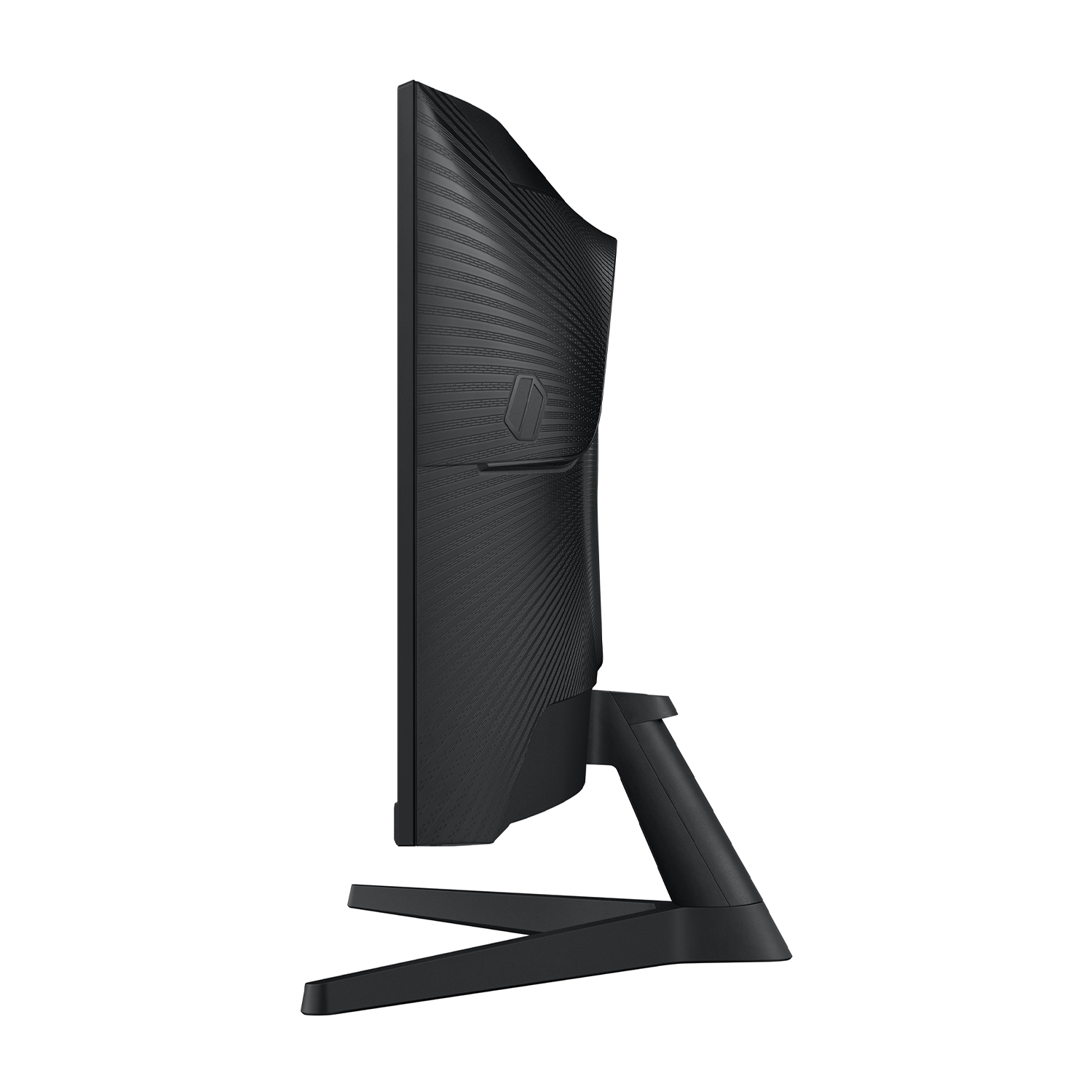 Monitor del computer nero di lato. Schermo curvo e supporto visibili.
