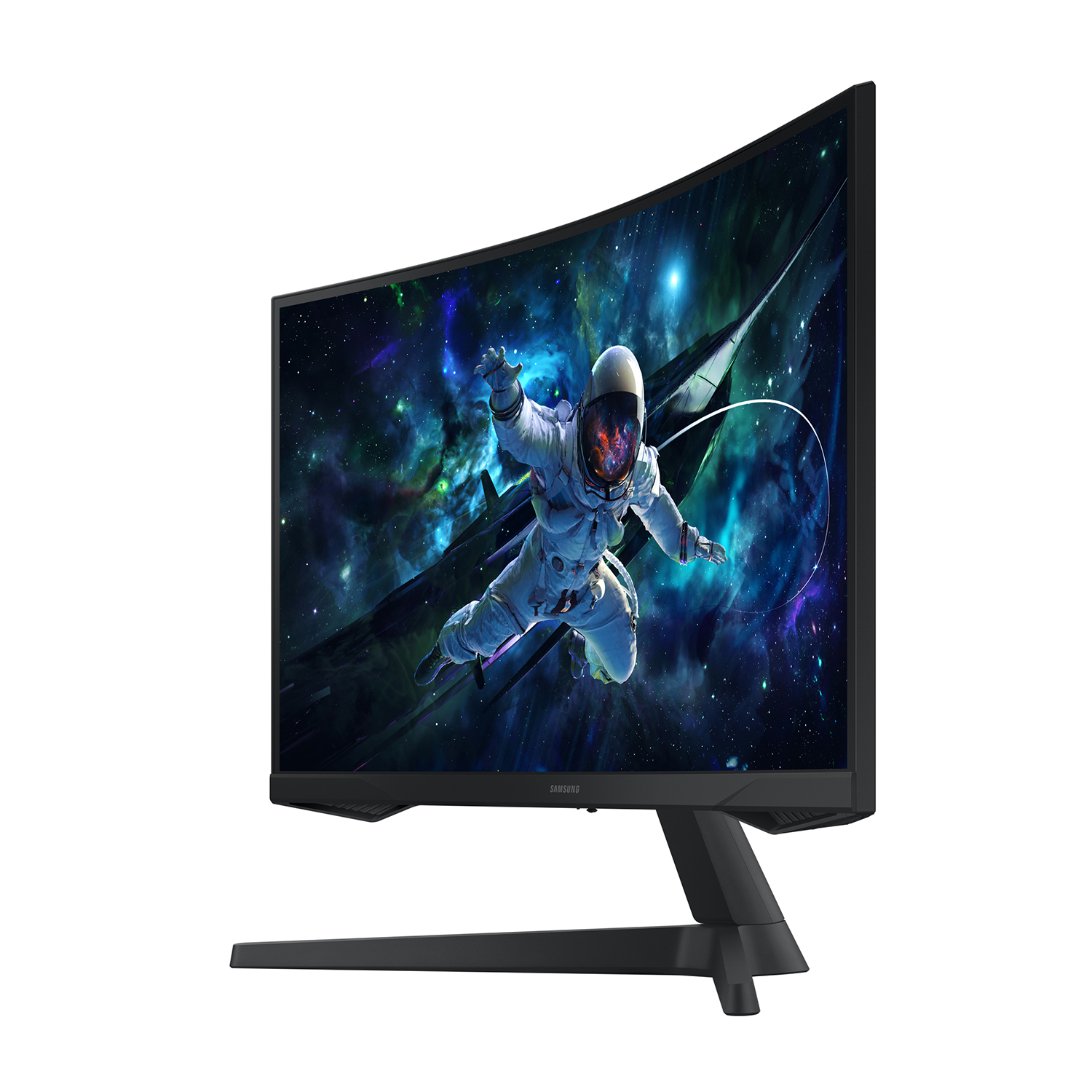Monitor curvo con astronauta nello spazio.