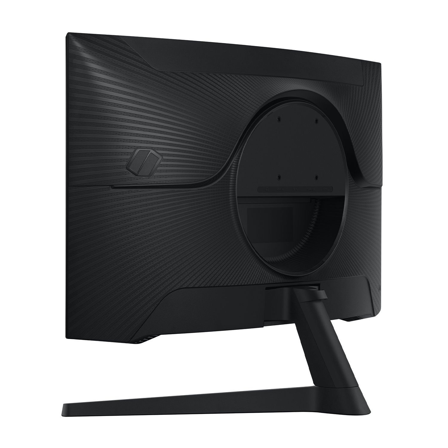 Monitor del computer nero, vista posteriore. Con supporto, prese d'aria e design strutturato.