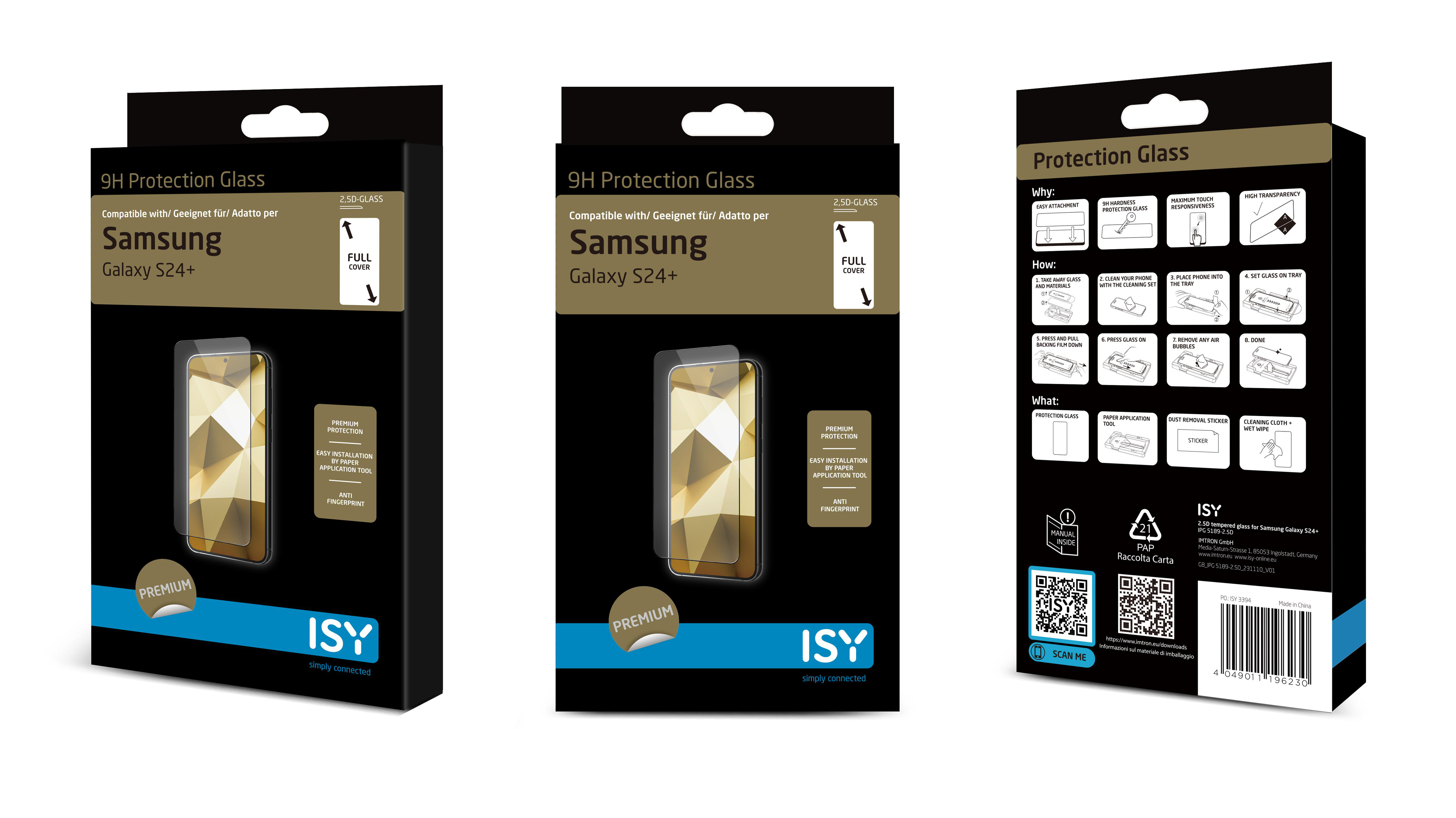 Drei Schachteln mit Displayschutzfolien für Samsung Galaxy S24+ mit Details.