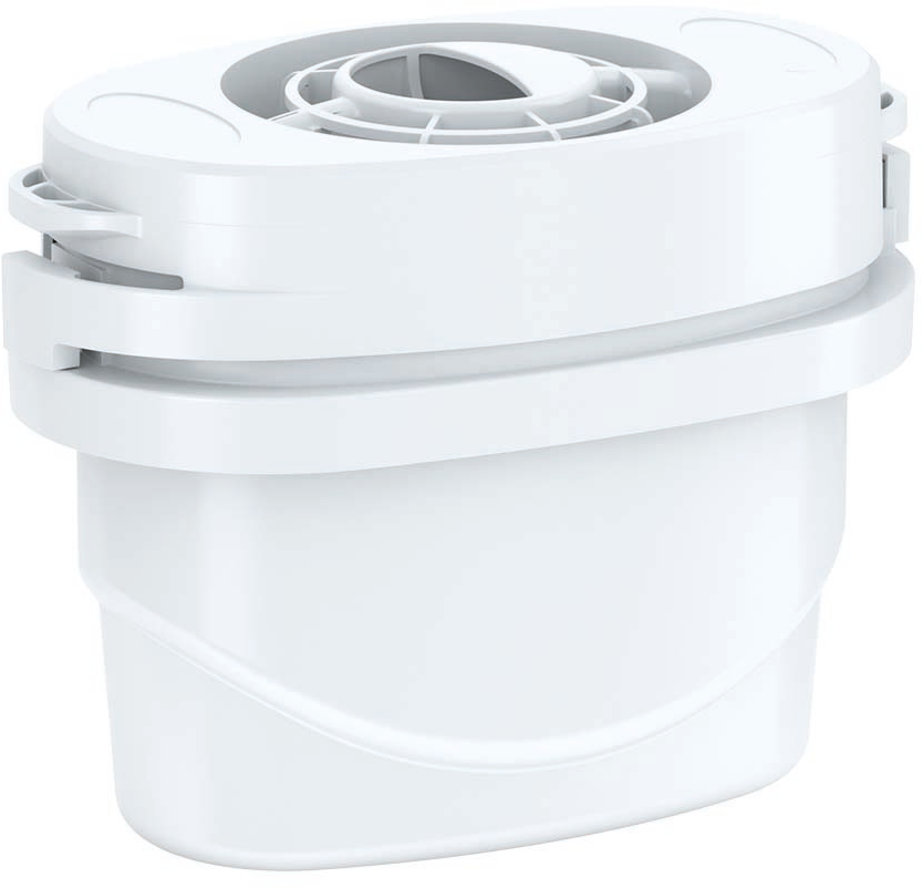 Filtro per l'acqua bianco. Forma cilindrica con parte superiore e base. Sfondo bianco.