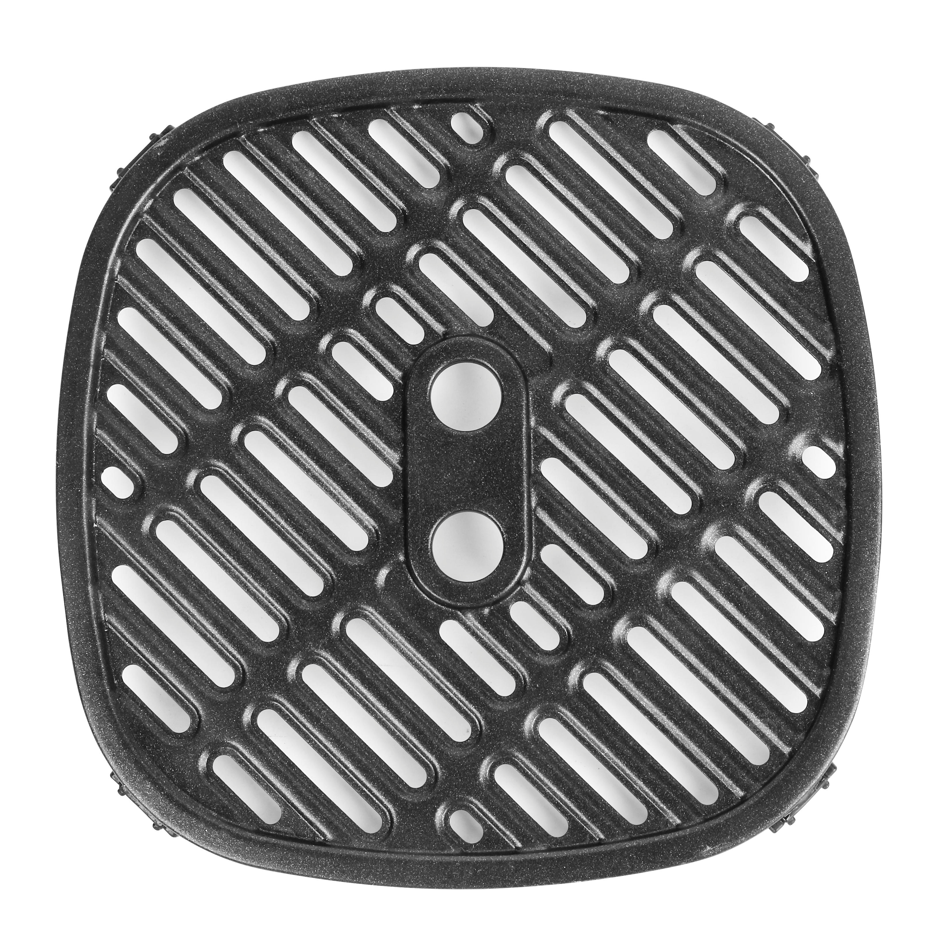 Schwarze Grillplatte für die Heißluftfritteuse. Quadratische Form mit Löchern und zwei zentralen Löchern.