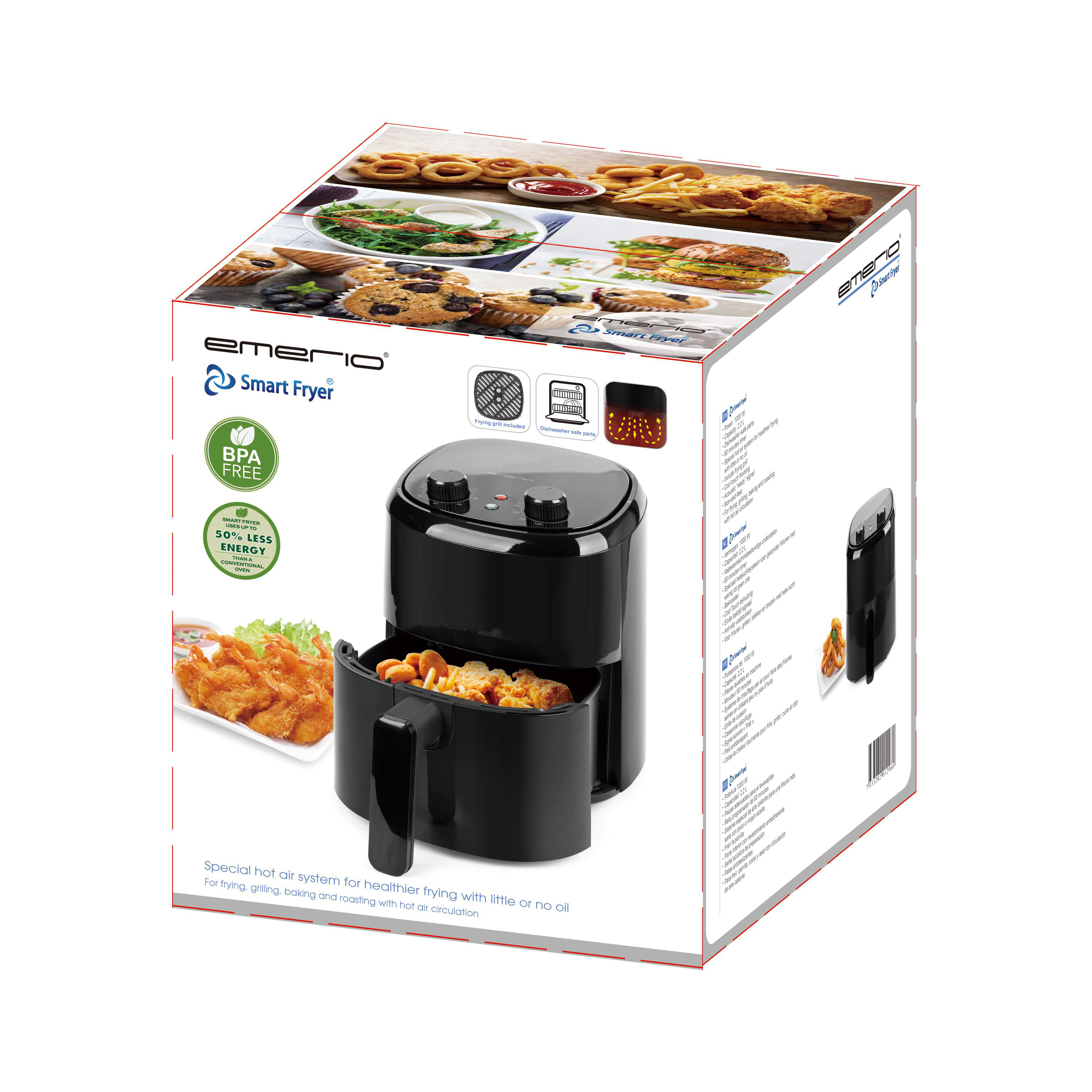 Schwarze Heißluftfritteuse in einer Box mit Lebensmittelbildern.