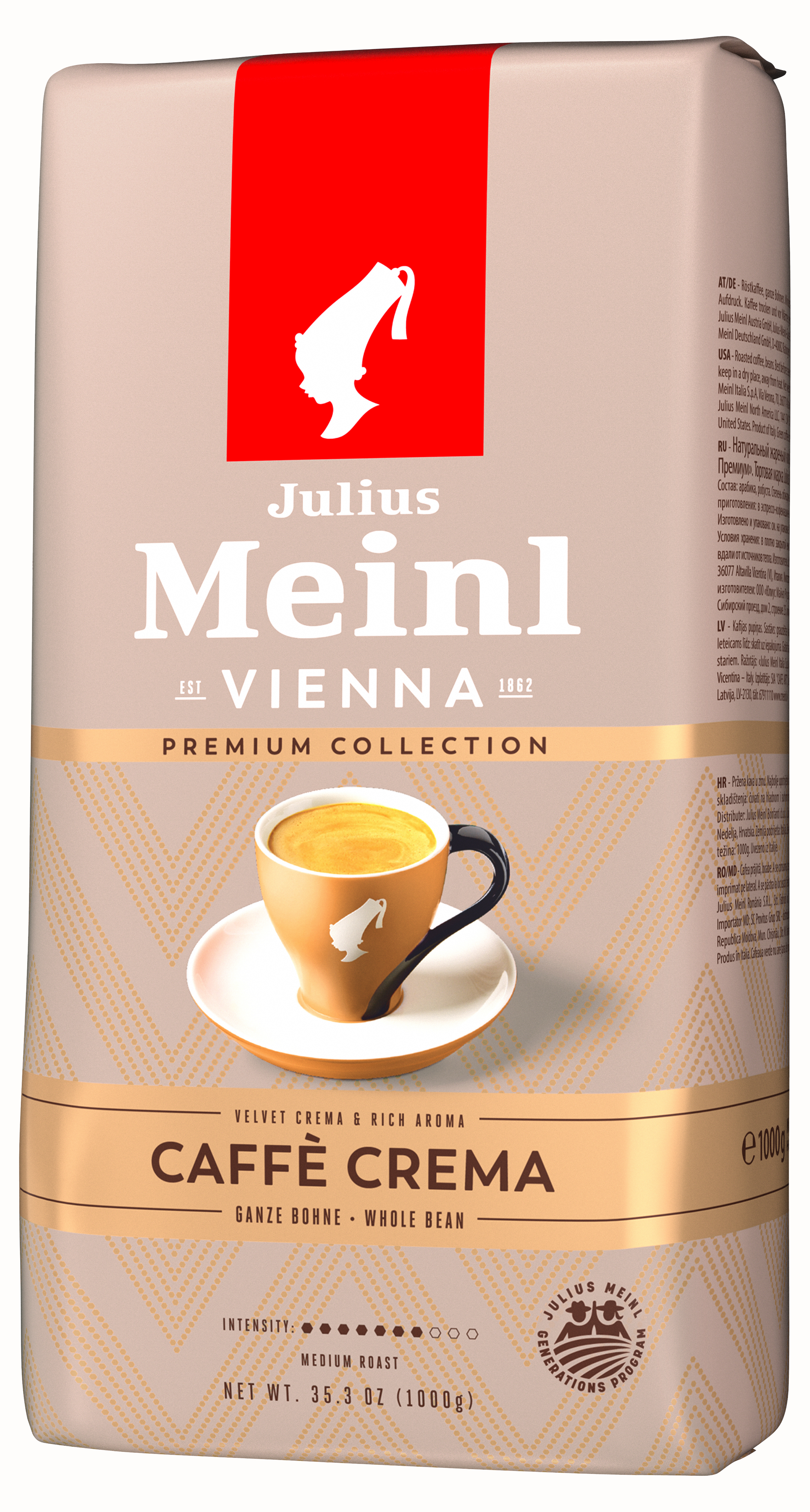 Kaffeepackung mit Kaffeetasse. Text: Julius Meinl Wien. Caffe Crema, ganze Bohne.