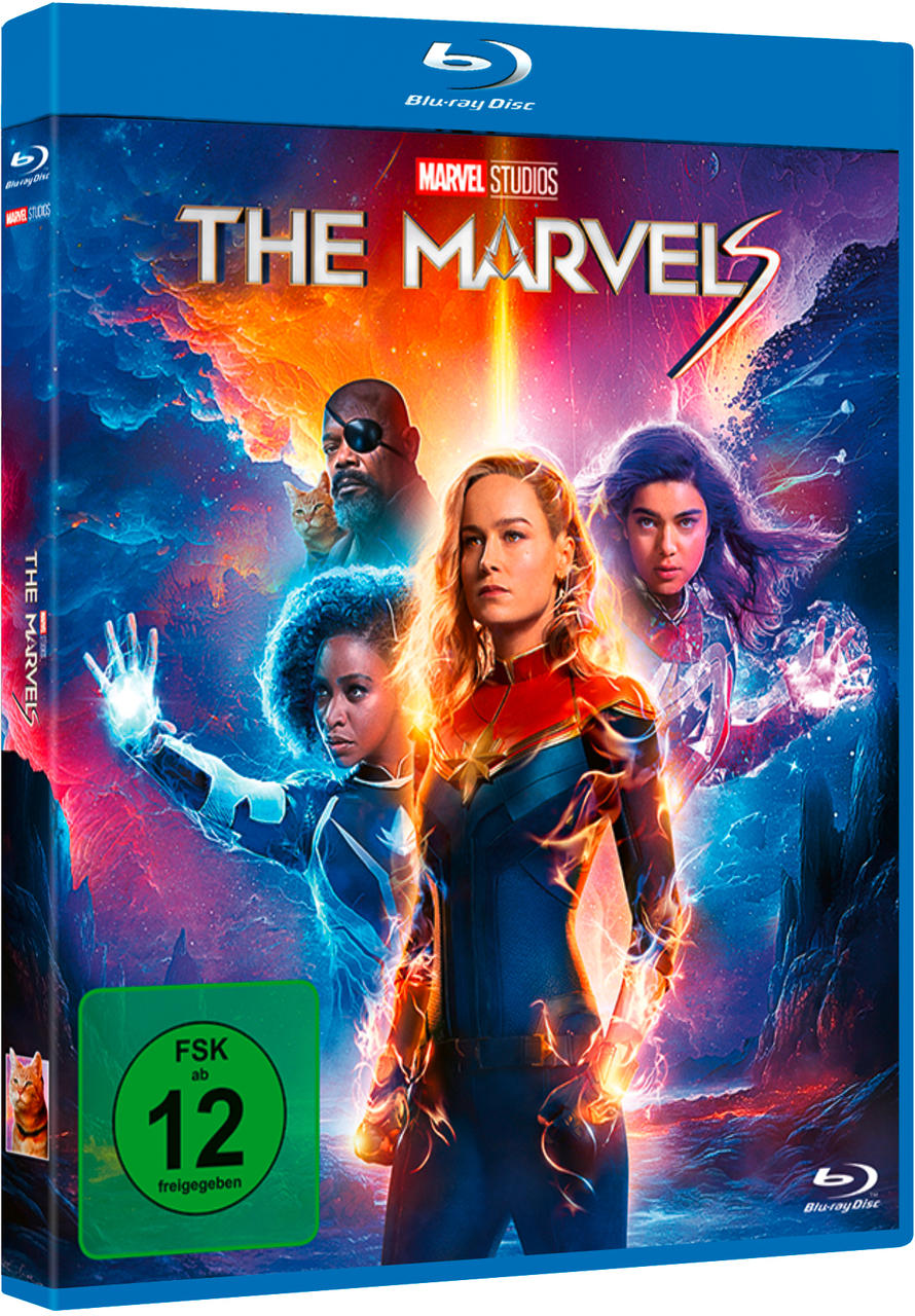 The Marvels Blu-ray-Cover. Zeigt Captain Marvel, andere Helden und den Filmtitel.