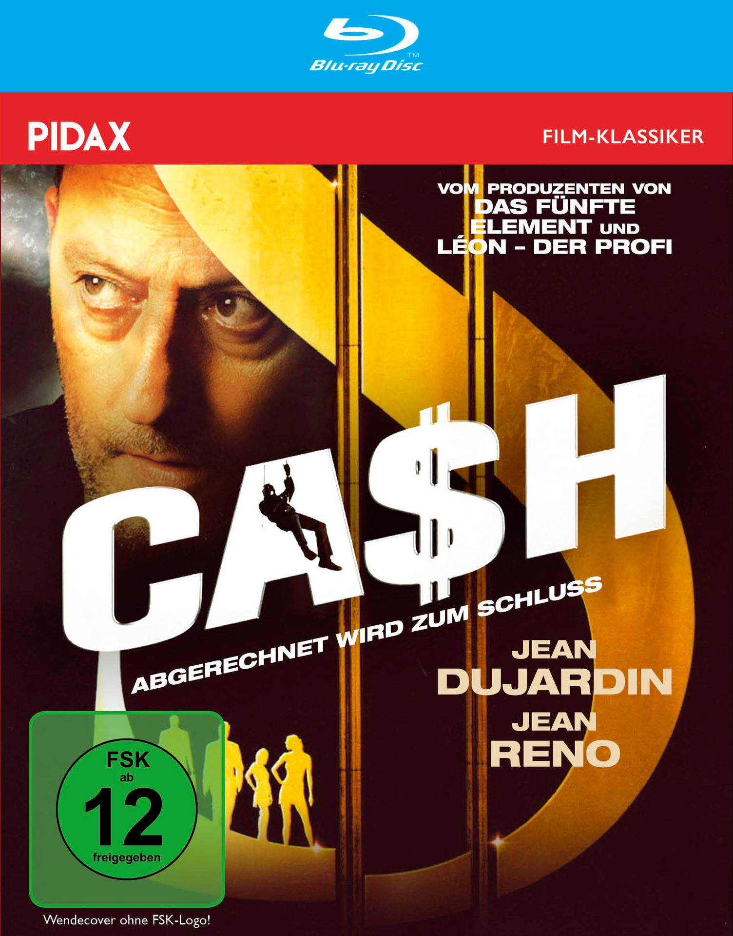 Filmposter: "Cash", ein Männergesicht, eine Silhouette und die Namen Jean Dujardin und Jean Reno.