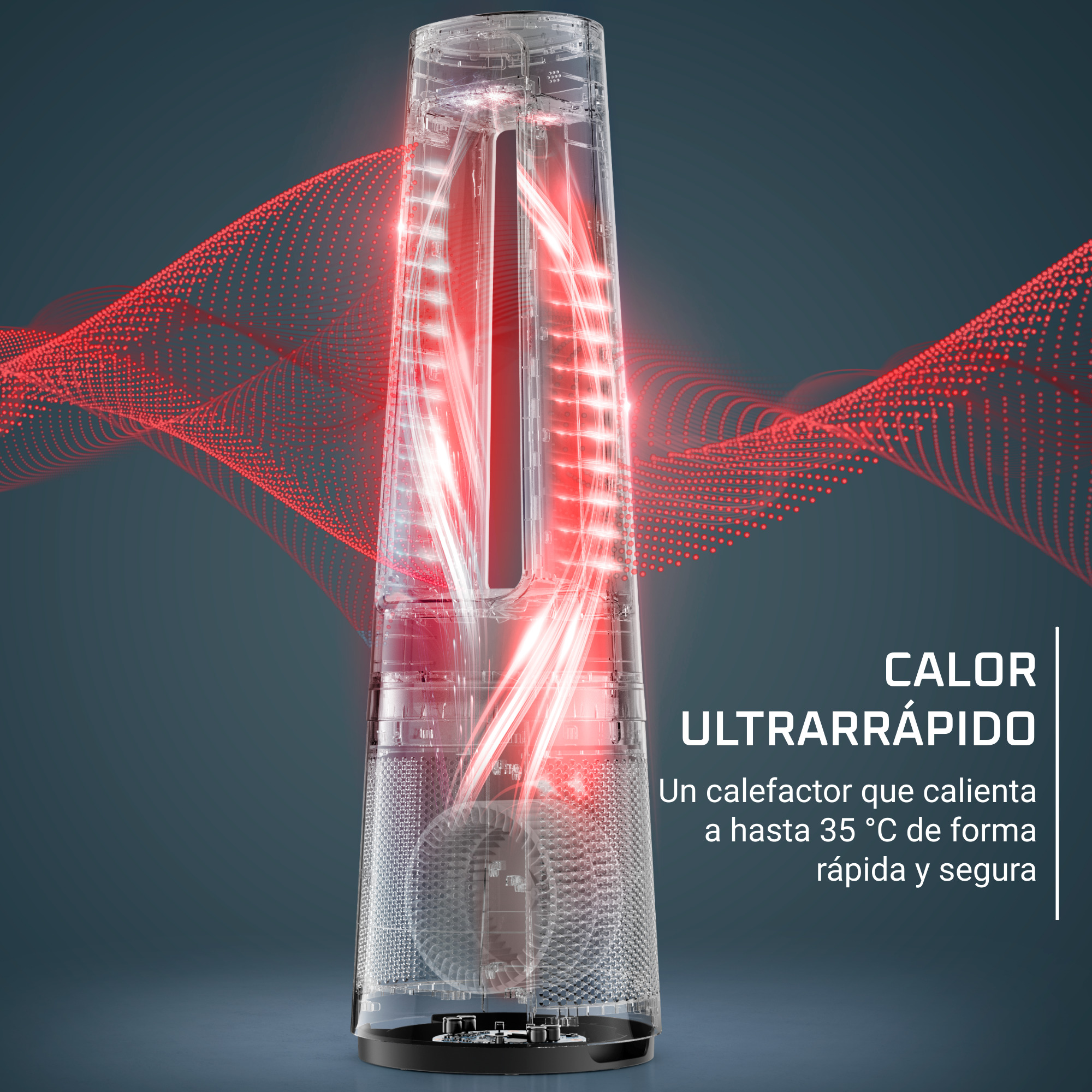 Calentador transparente con patrones rojos en forma de onda, con texto en español.