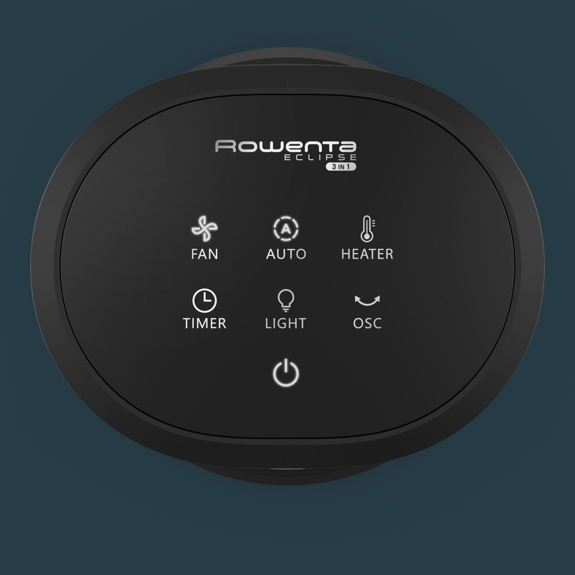 Un panel de control negro con botones para ventilador, automático, calefactor, temporizador, luz y osc.