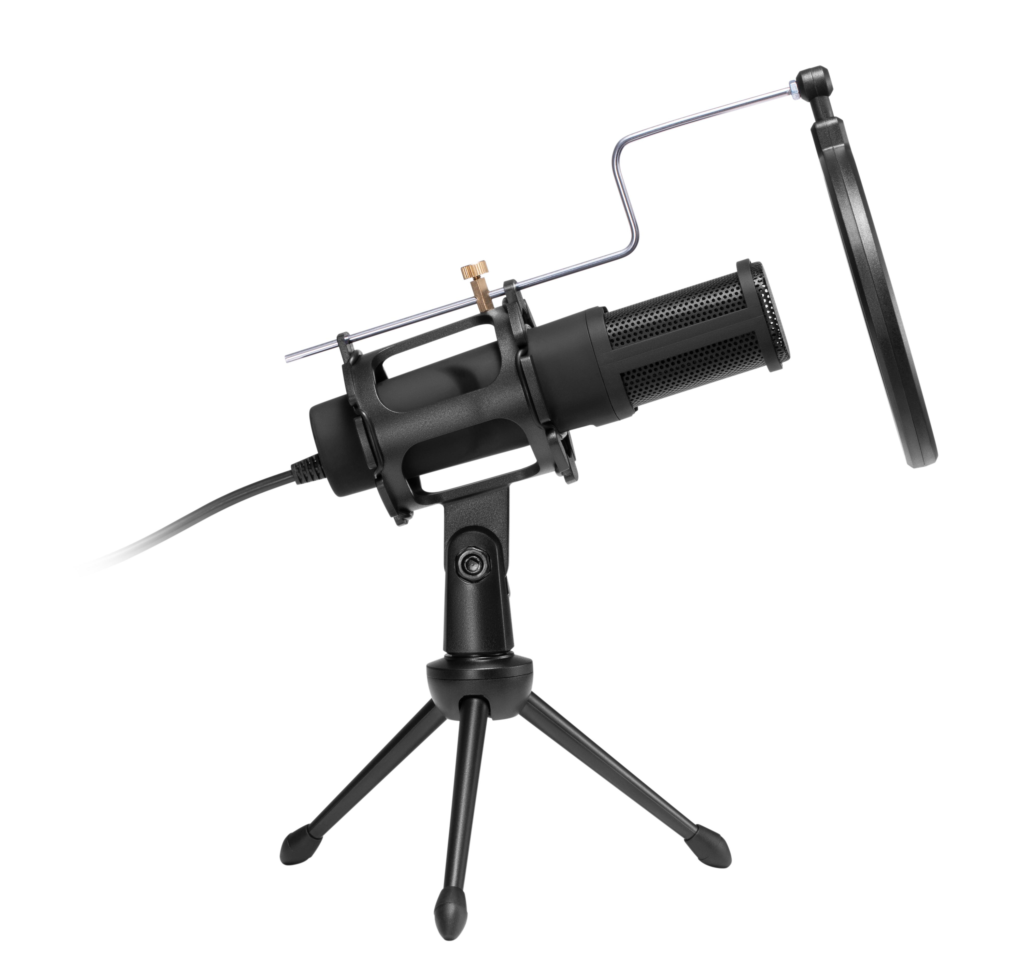 Schwarzes Mikrofon auf einem Stativ mit Pop-Filter, isoliert auf weißem Hintergrund.