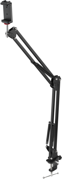 Support de téléphone à bras réglable noir monté sur une pince.