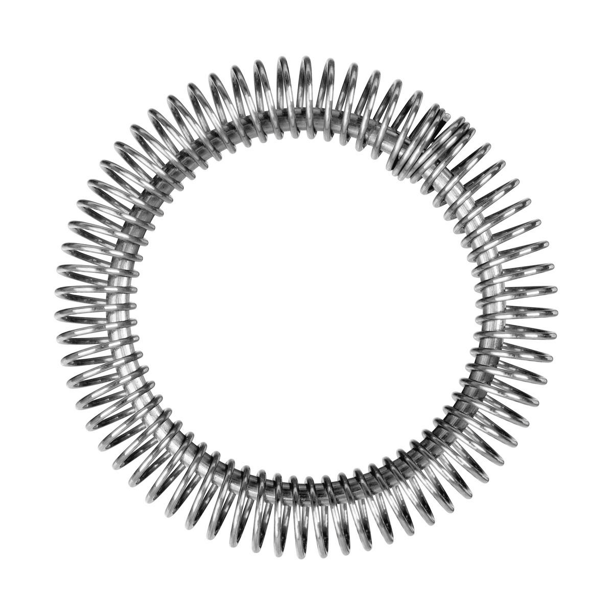 Nahaufnahme eines Schneebesens aus Edelstahl. Er bildet einen vollständigen Kreis mit Spiraldesign. Der Hintergrund ist weiß.